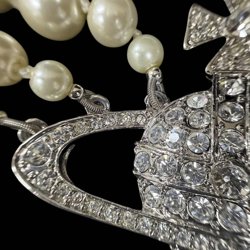 VIVIENNE WESTWOOD 3-Layer Pearl Full Crystal Inlaid Saturn Orb Choker Necklace With Silver Hardware