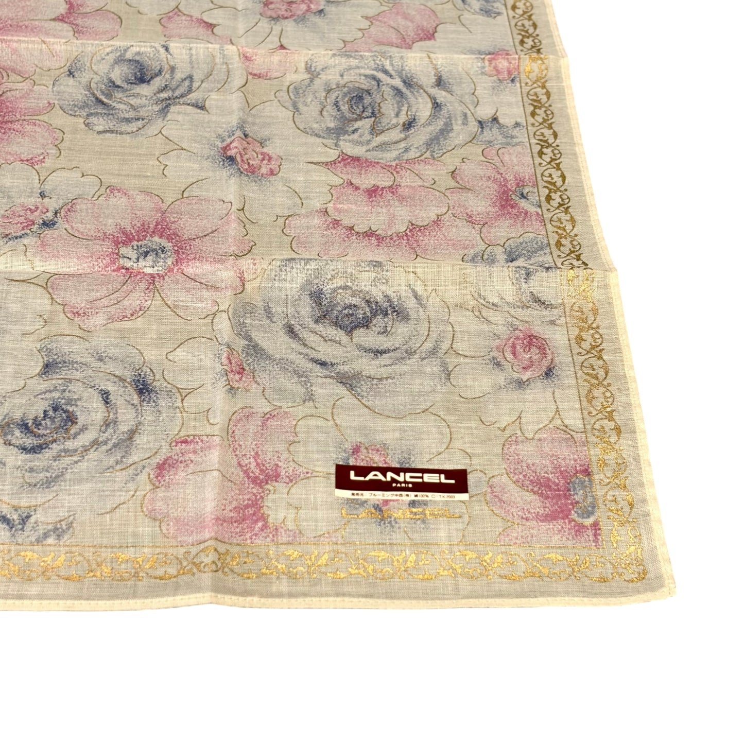 LANCEL Floral Print Silk Scarf Light Pink Sheer Gold Metallic Thread