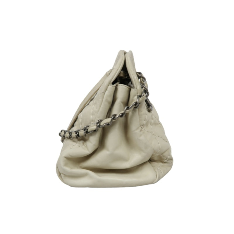CHANEL Lambskin Shoulder Bag with Chain, Beige, Silver Hardware (Bowling Bag Style, Calfskin, 14K Hardware)