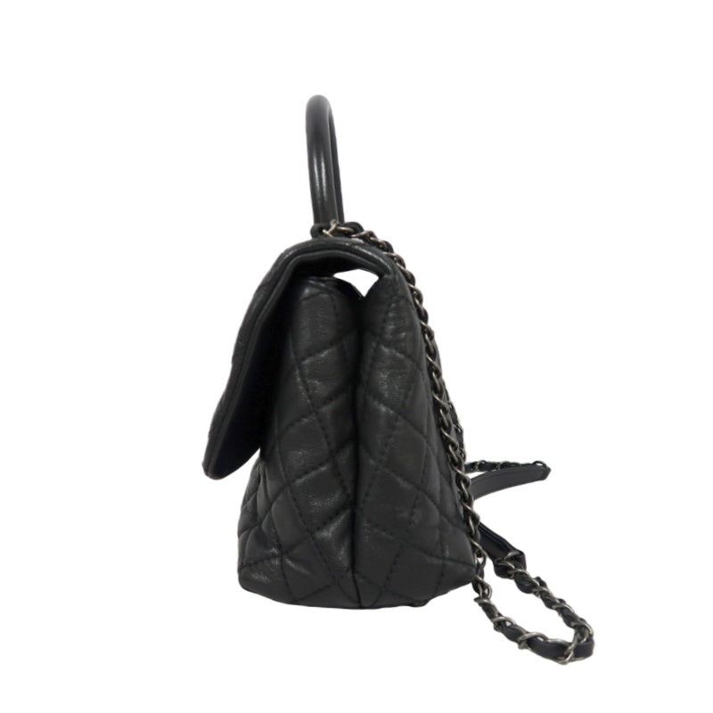 CHANEL Black Caviar Leather 2-Way Chain Top Handle Shoulder Handbag with Silver Hardware & Authenticity Card