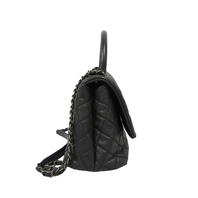 CHANEL Black Caviar Leather 2-Way Chain Top Handle Shoulder Handbag with Silver Hardware & Authenticity Card