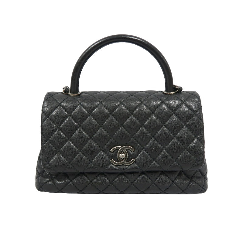 CHANEL Black Caviar Leather 2-Way Chain Top Handle Shoulder Handbag with Silver Hardware & Authenticity Card