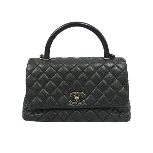 CHANEL Black Caviar Leather 2-Way Chain Top Handle Shoulder Handbag with Silver Hardware & Authenticity Card