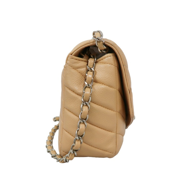 CHANEL Beige Lambskin Quilted V-Stitch Chain Shoulder Crossbody Bag with Silver Hardware & Authenticity Card