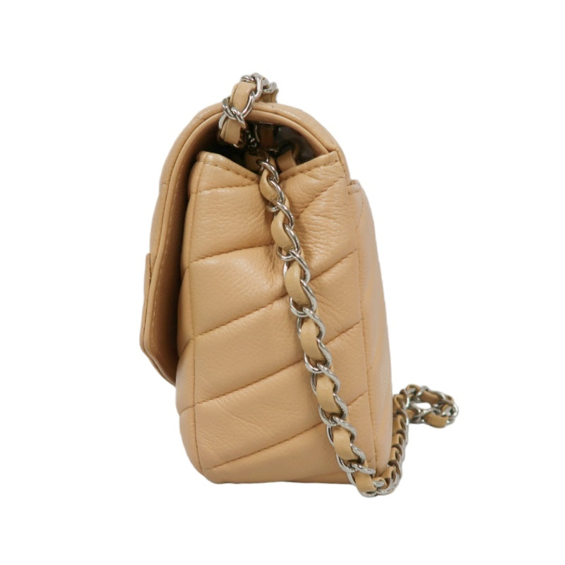 CHANEL Beige Lambskin Quilted V-Stitch Chain Shoulder Crossbody Bag with Silver Hardware & Authenticity Card