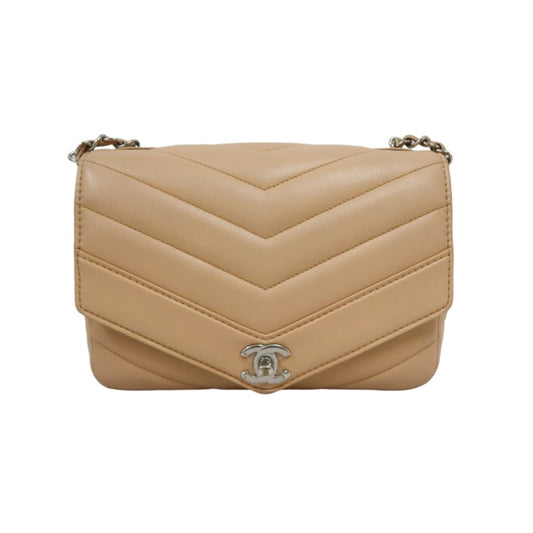 CHANEL Beige Lambskin Quilted V-Stitch Chain Shoulder Crossbody Bag with Silver Hardware & Authenticity Card