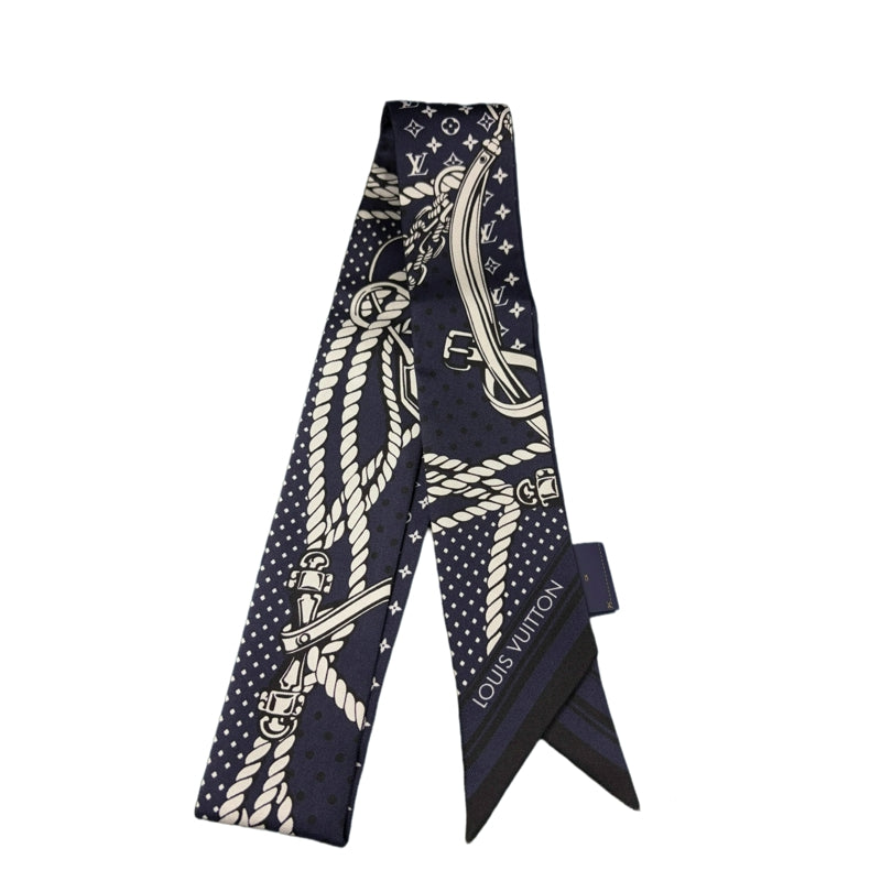 LOUIS VUITTON Bandeau BB Nautical Rope  Buckle Strap 100% Pure Silk Skinny Scarf Twilly Navy Blue White Monogram Dot Pattern Versatile Bag Handle Wrap Headband Included Original Gift Box Classic Accessory