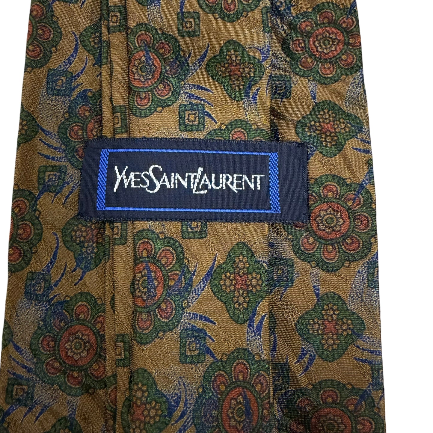 SAINT LAURENT Floral Pattern Silk Tie Brown Green