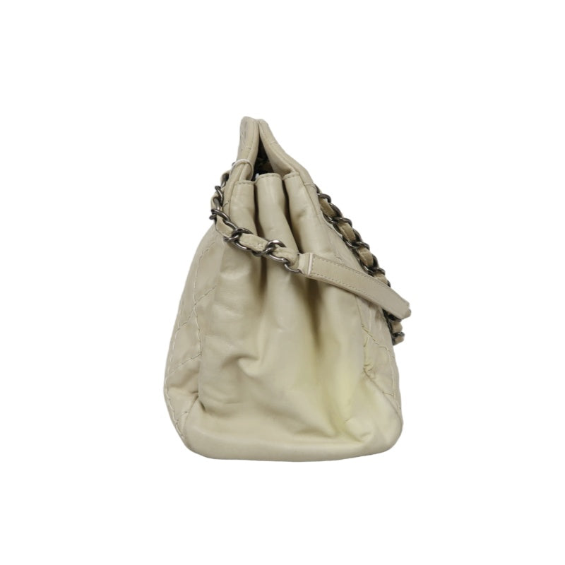 CHANEL Lambskin Shoulder Bag with Chain, Beige, Silver Hardware (Bowling Bag Style, Calfskin, 14K Hardware)