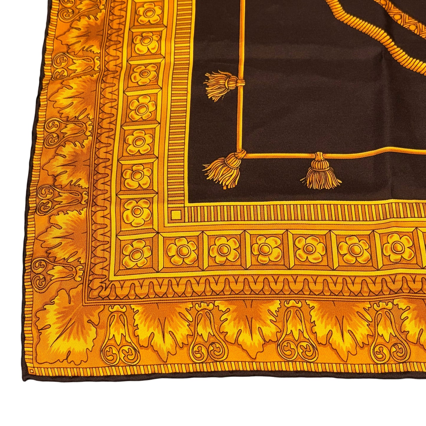 CELINE Vintage Baroque Royal Ornate Large Silk Scarf Black Gold Yellow Classic Pattern 100% Pure Silk Luxury Elegant Collectible Accessory