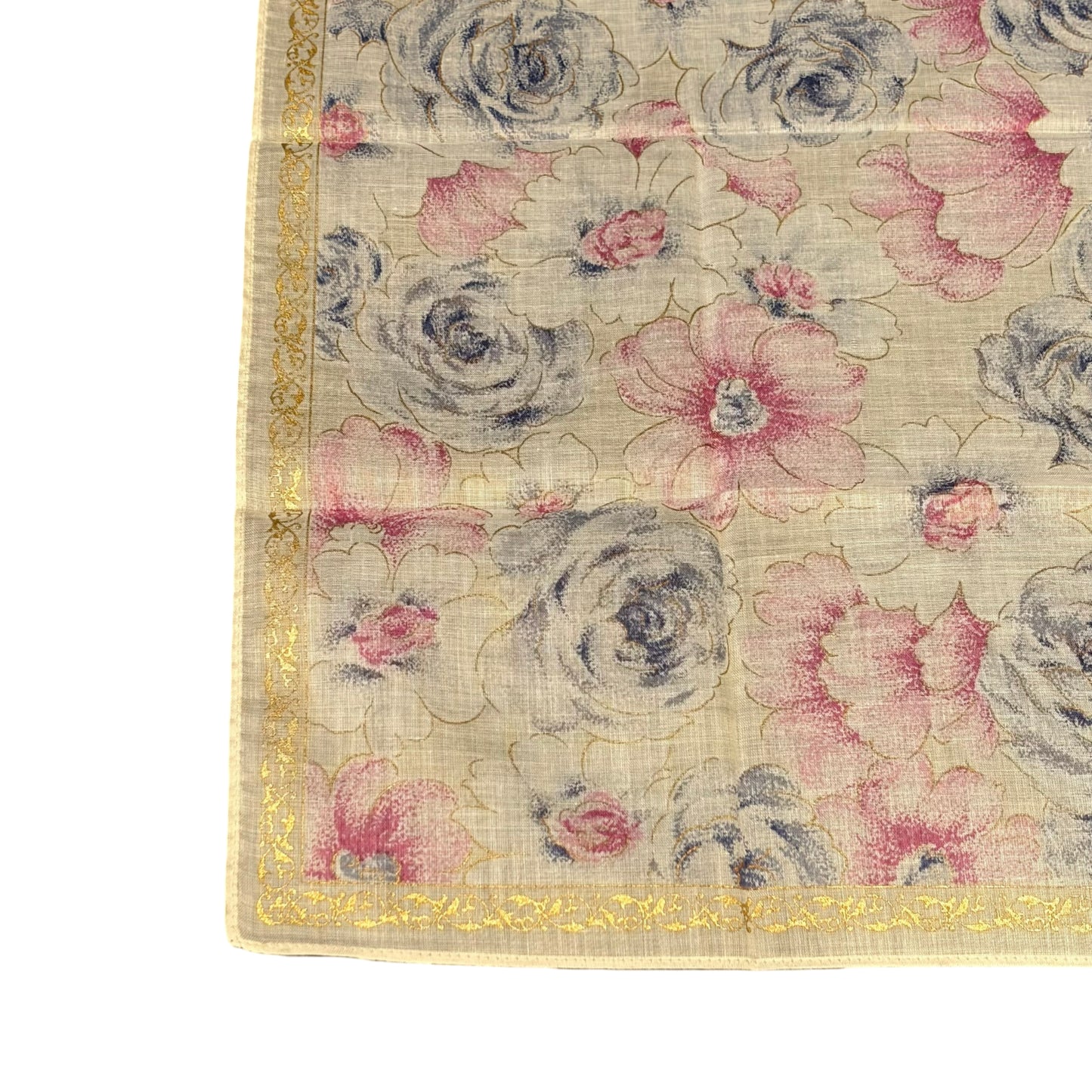 LANCEL Floral Print Silk Scarf Light Pink Sheer Gold Metallic Thread