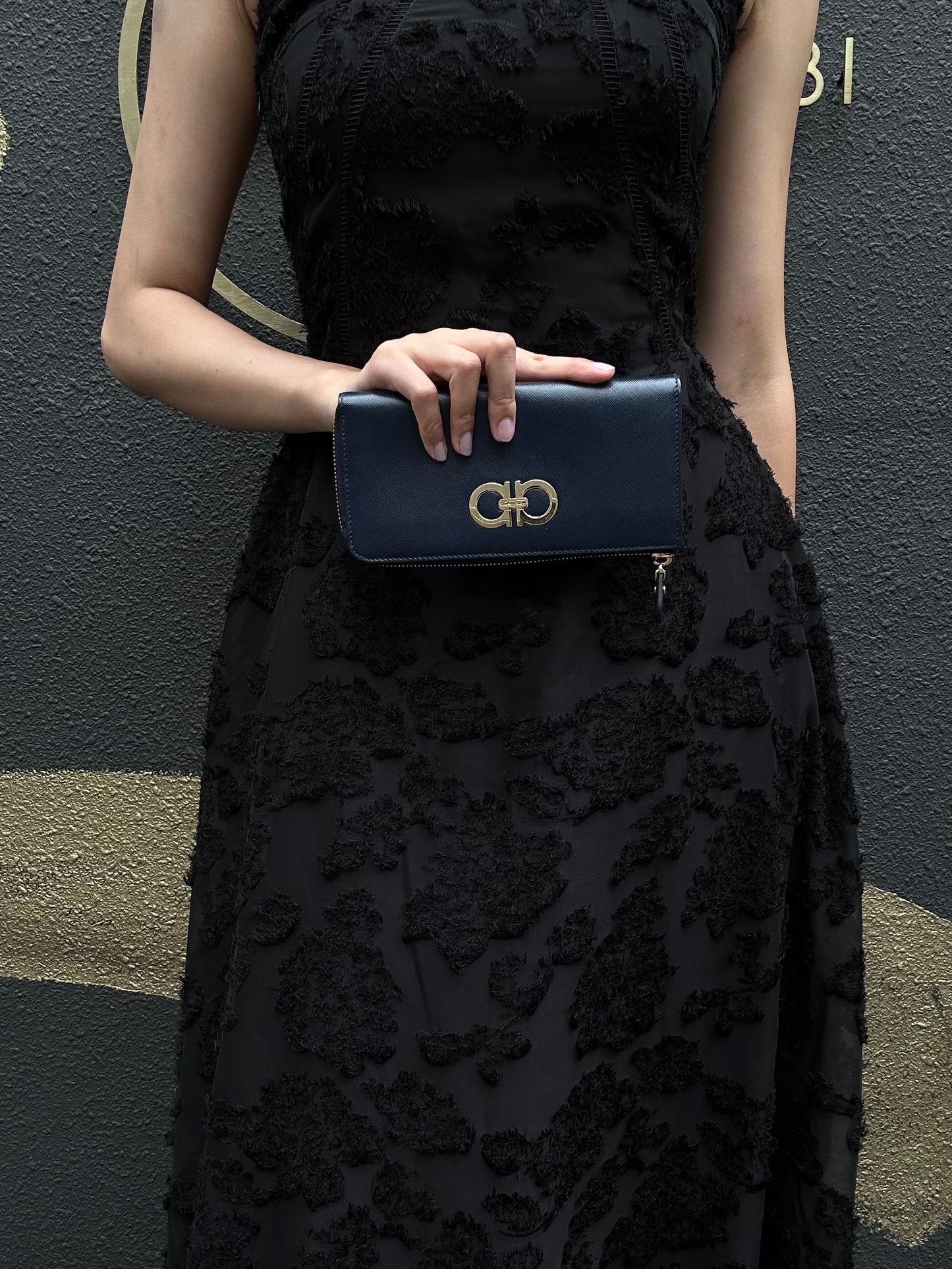FERRAGAMO Gancini Long Wallet Black PVC Gold Hardware