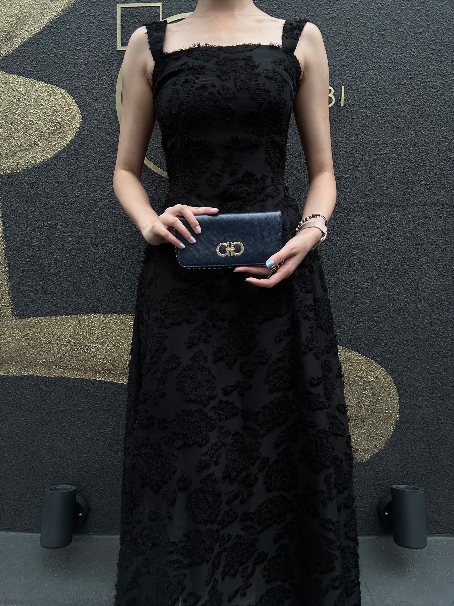 FERRAGAMO Gancini Long Wallet Black PVC Gold Hardware