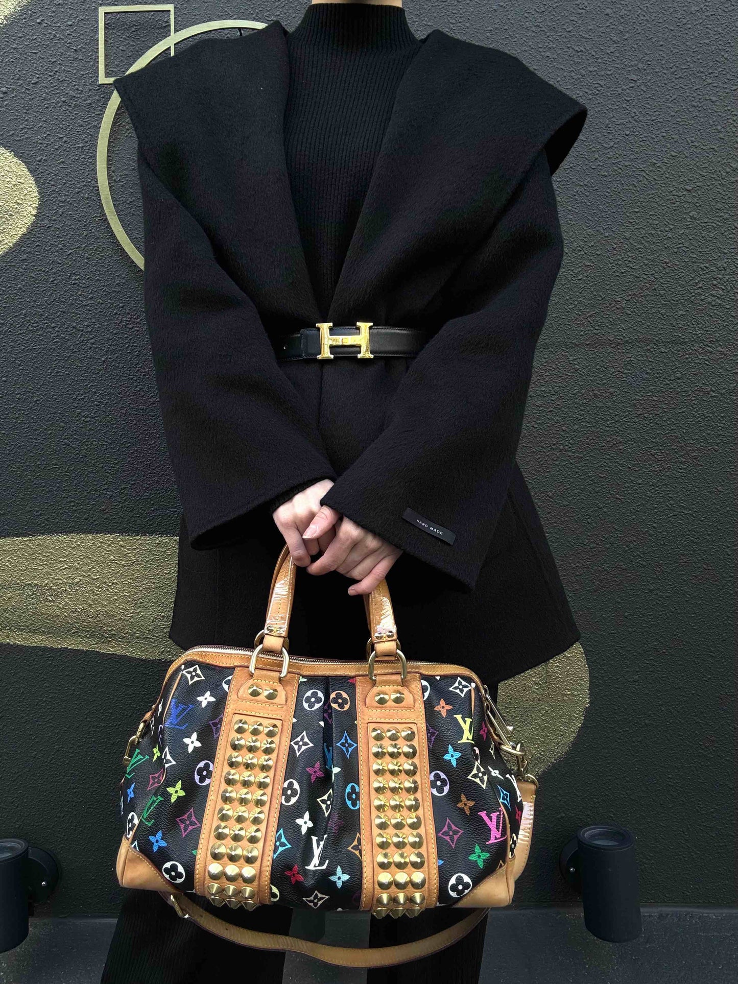 LOUIS VUITTON Courtney handbag, studs, multicolor, black, with shoulder strap, LV black multicolor monogram PVC, Speedy 30 handbag