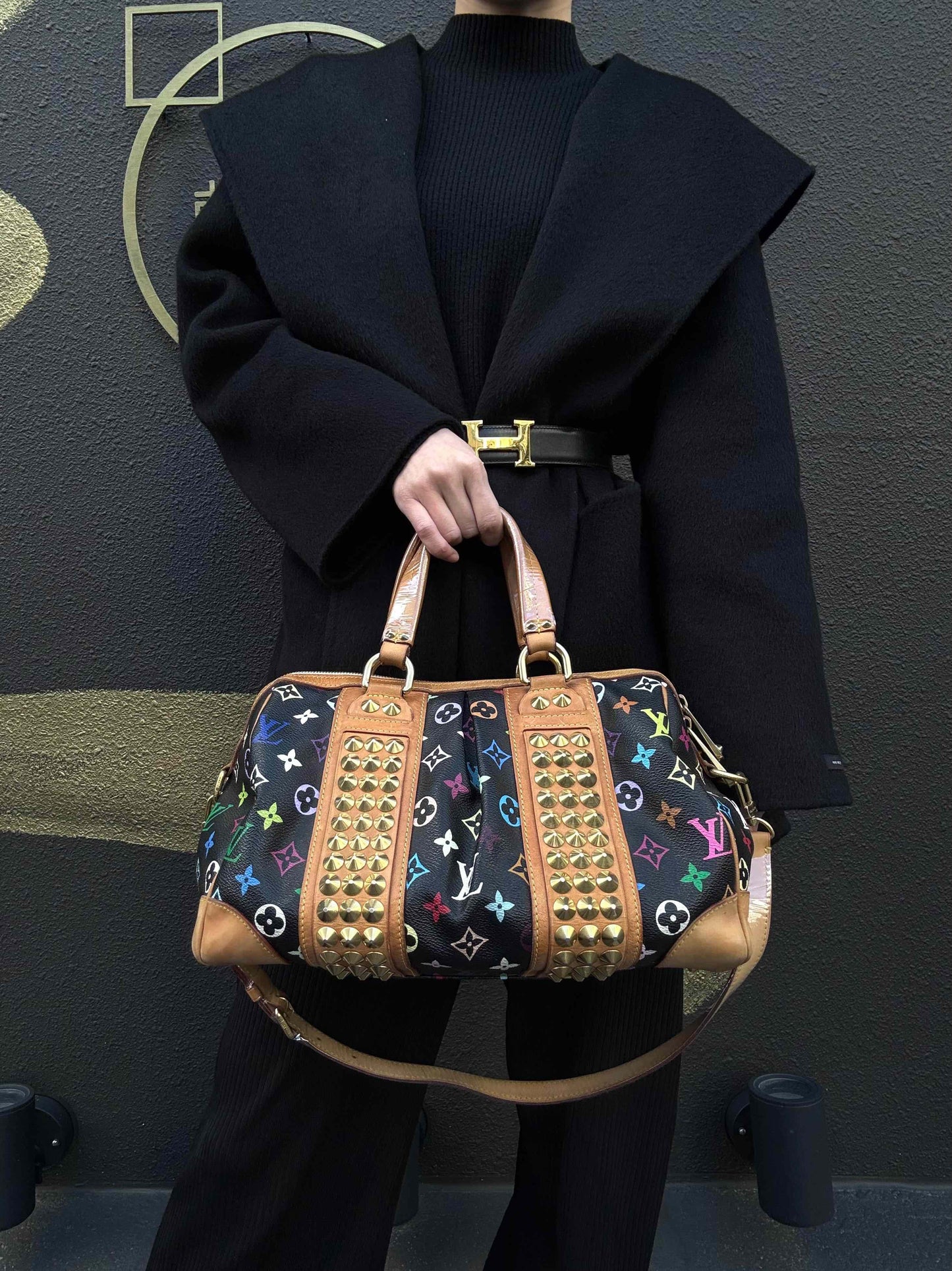 LOUIS VUITTON Courtney handbag, studs, multicolor, black, with shoulder strap, LV black multicolor monogram PVC, Speedy 30 handbag