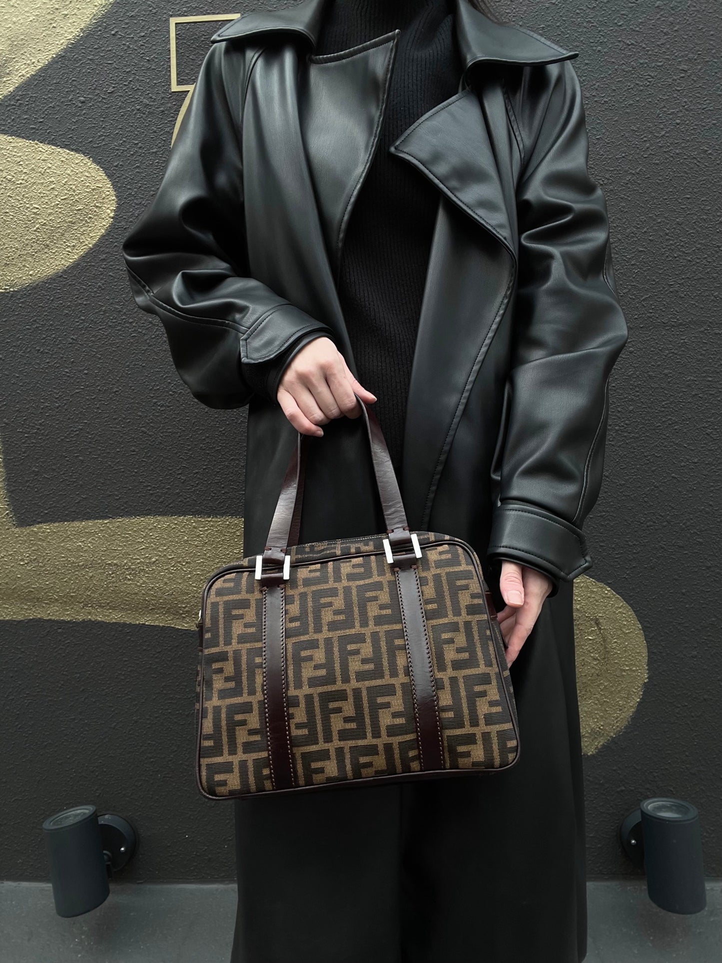 FENDI Zucca Canvas Brown Handbag Silver Hardware