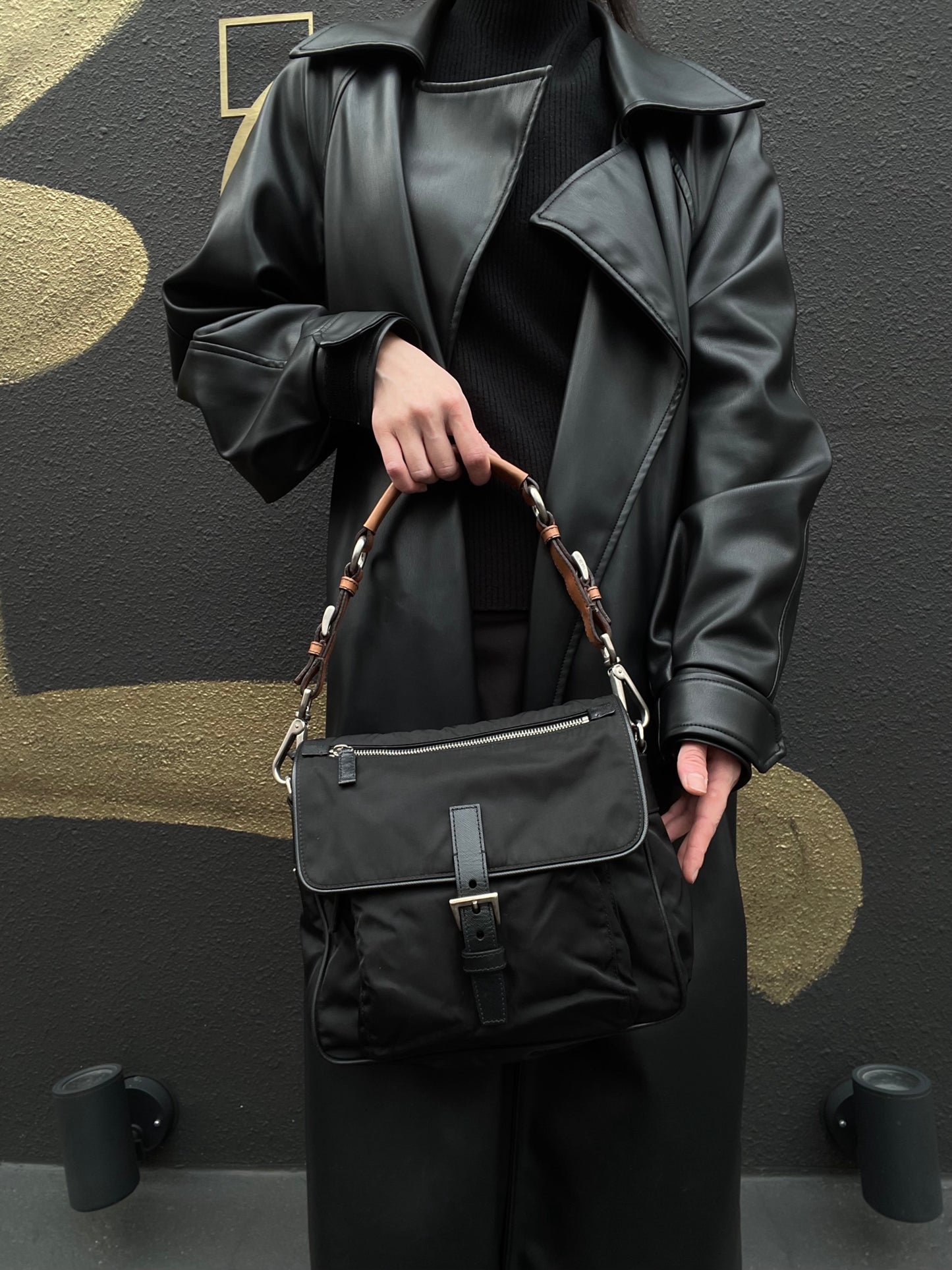 PRADA Black Nylon Handbag Shoulder Bag Silver Hardware