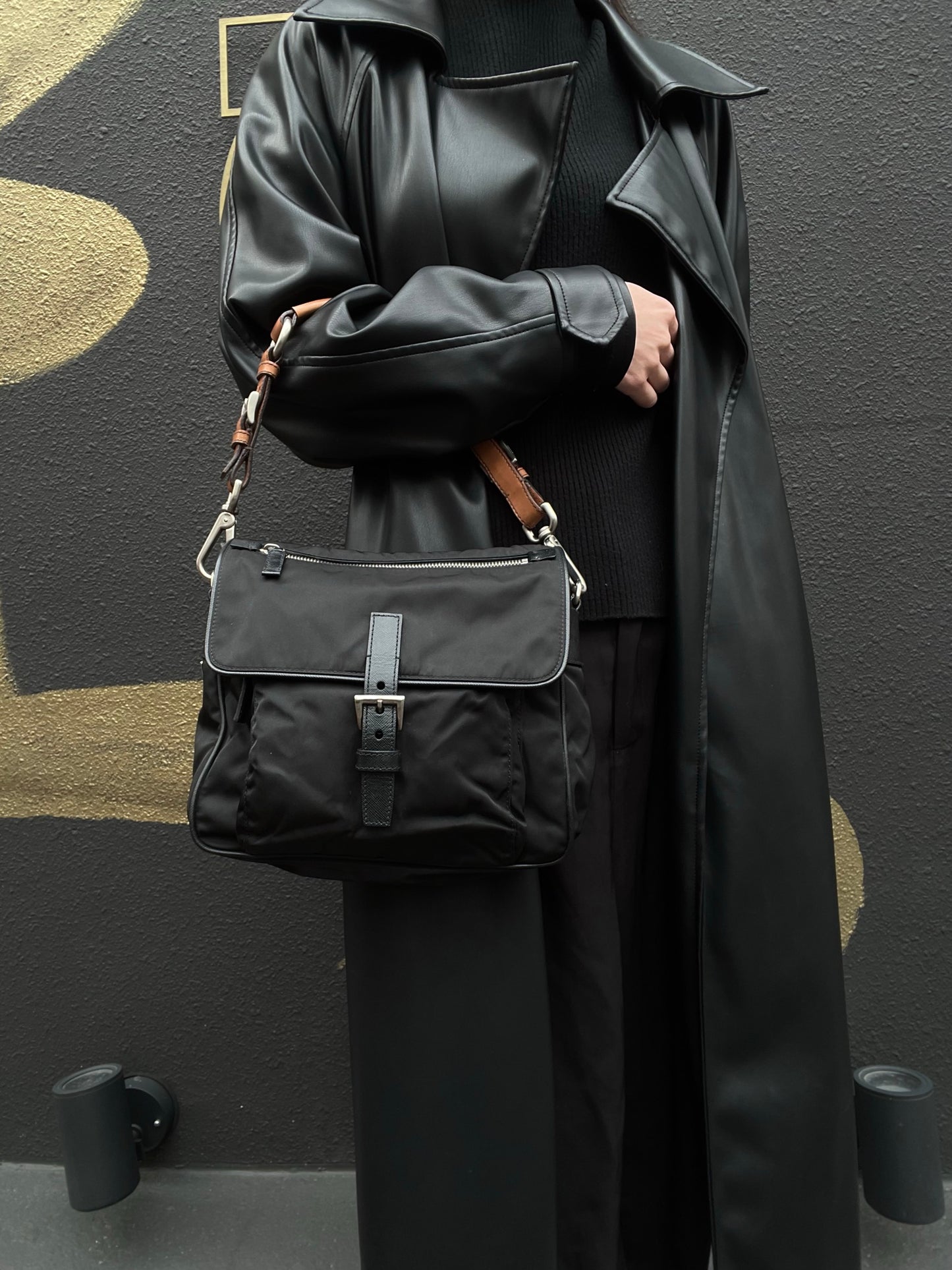 PRADA Black Nylon Handbag Shoulder Bag Silver Hardware