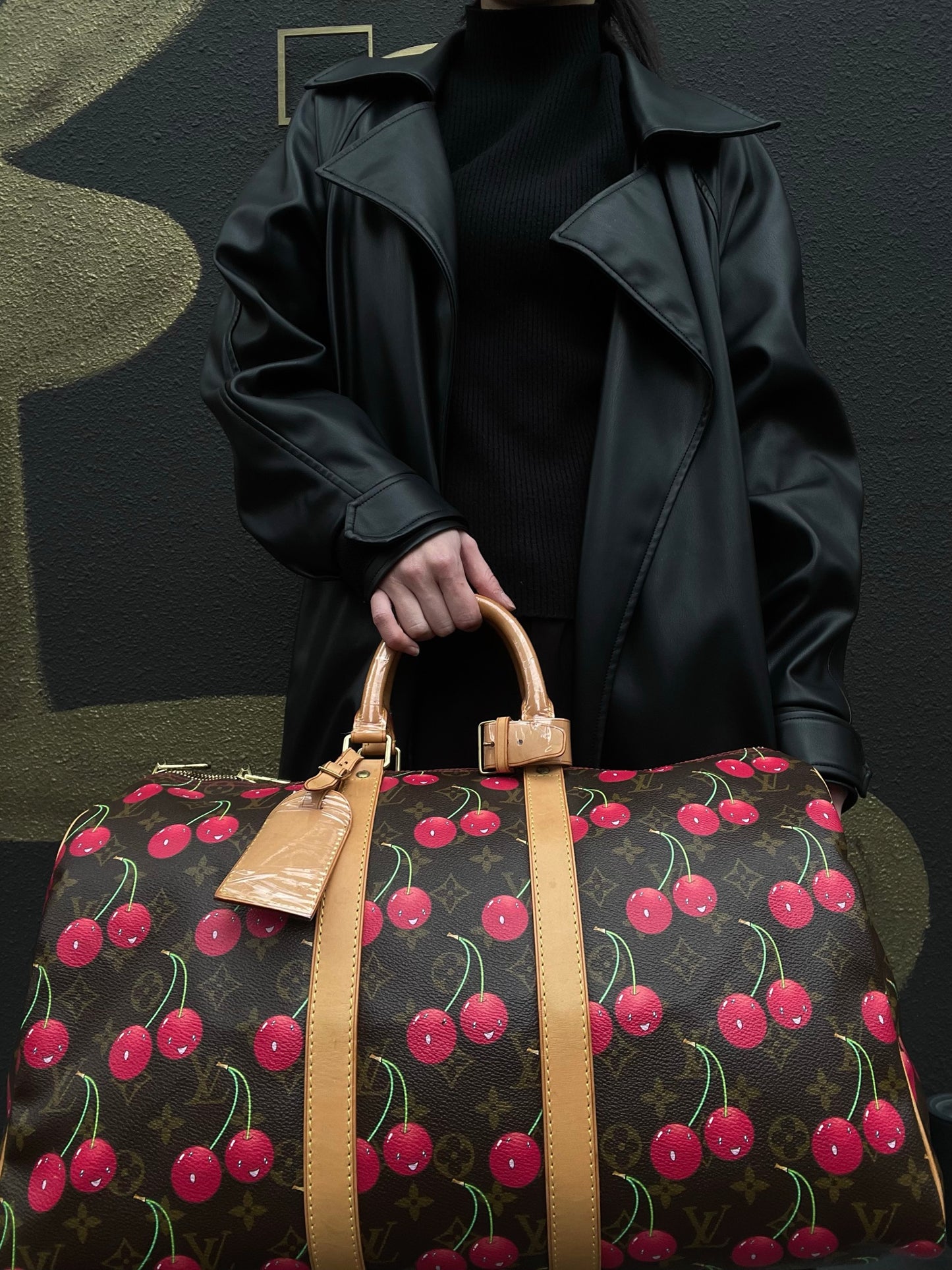 Louis Vuitton (LV) Monogram Cherry Keepall 45, Brown PVC, Limited Edition, Includes Name Tag, Luggage Strap & Boarding Pass Holder