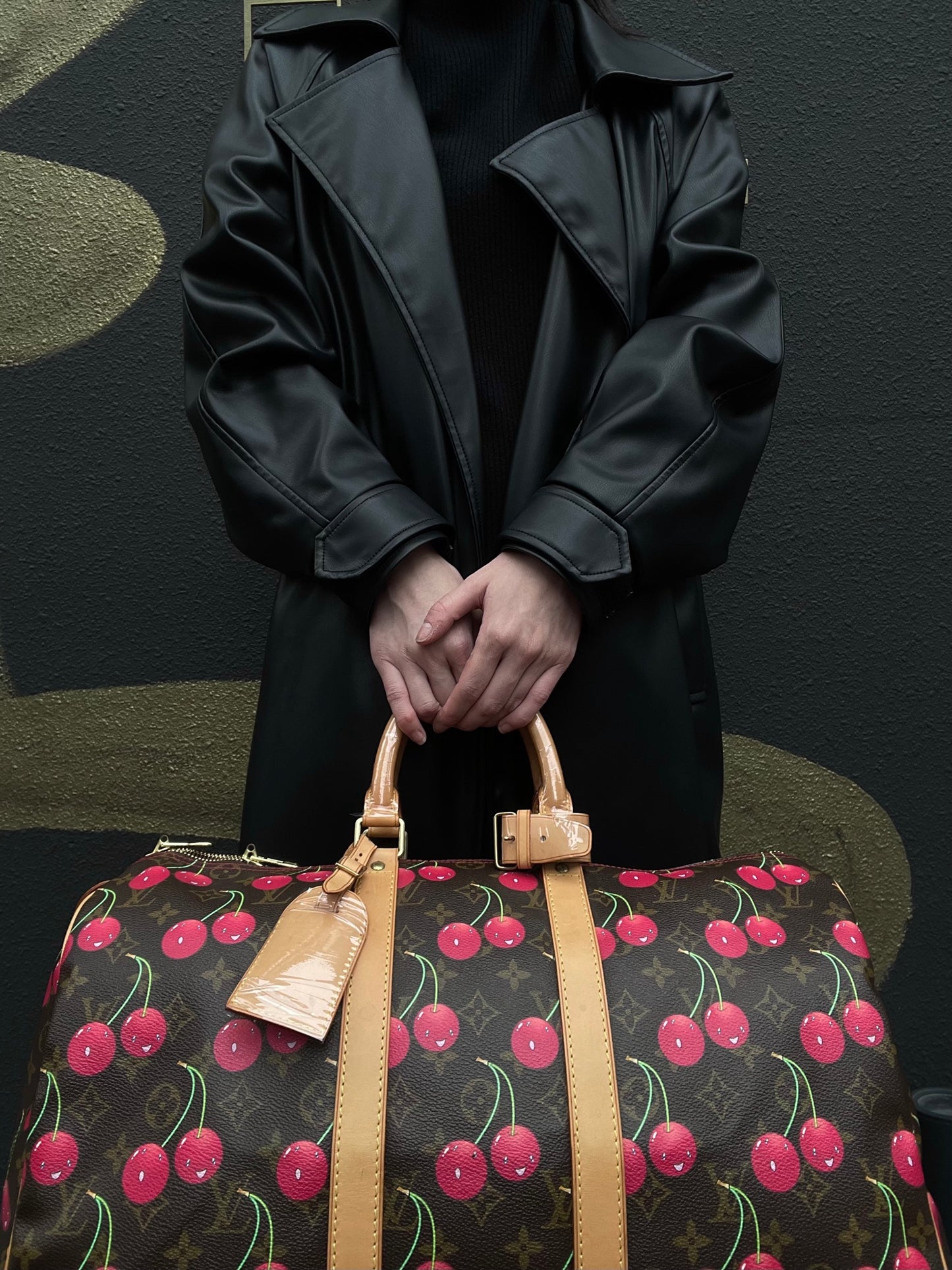 Louis Vuitton (LV) Monogram Cherry Keepall 45, Brown PVC, Limited Edition, Includes Name Tag, Luggage Strap & Boarding Pass Holder