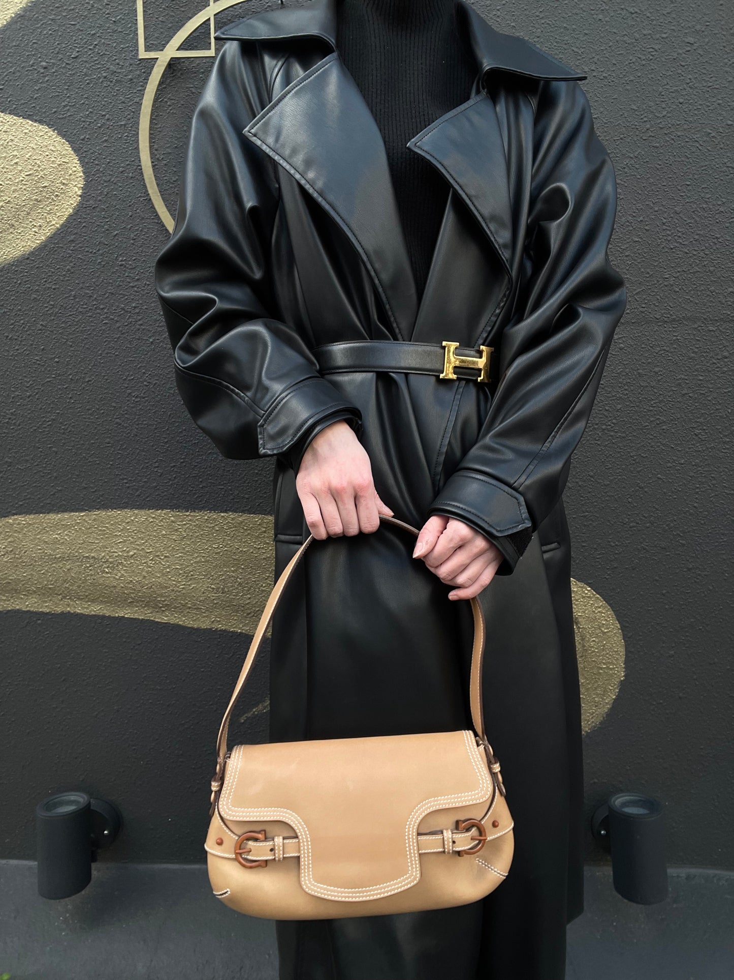 FERRAGAMO shoulder bag, calf leather, brown, milk tea color, cowhide leather
