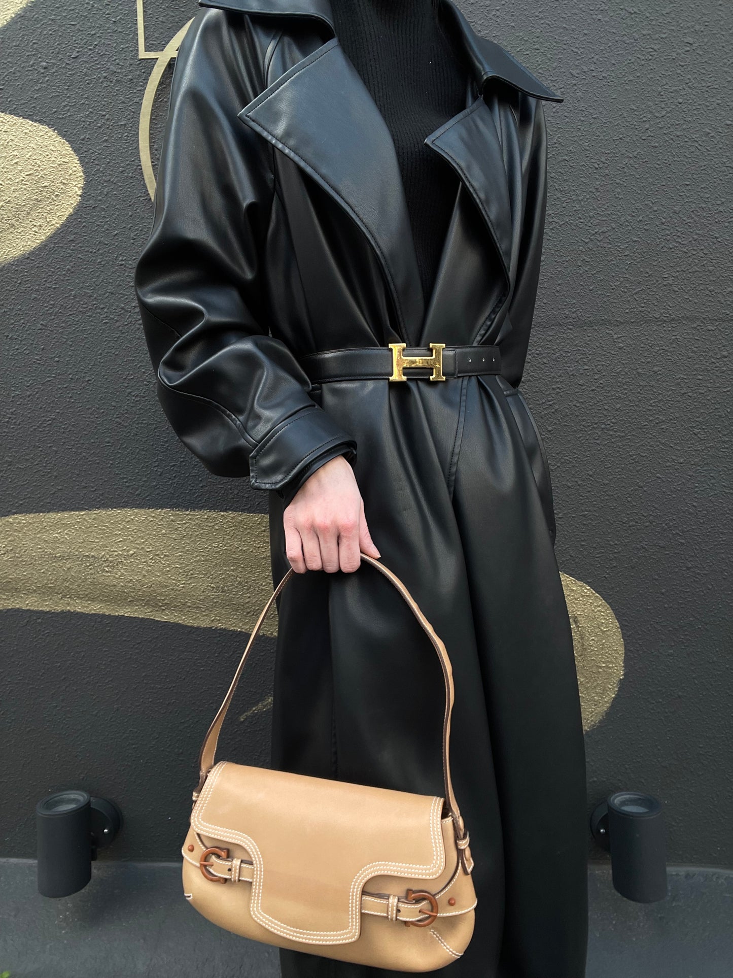 FERRAGAMO shoulder bag, calf leather, brown, milk tea color, cowhide leather