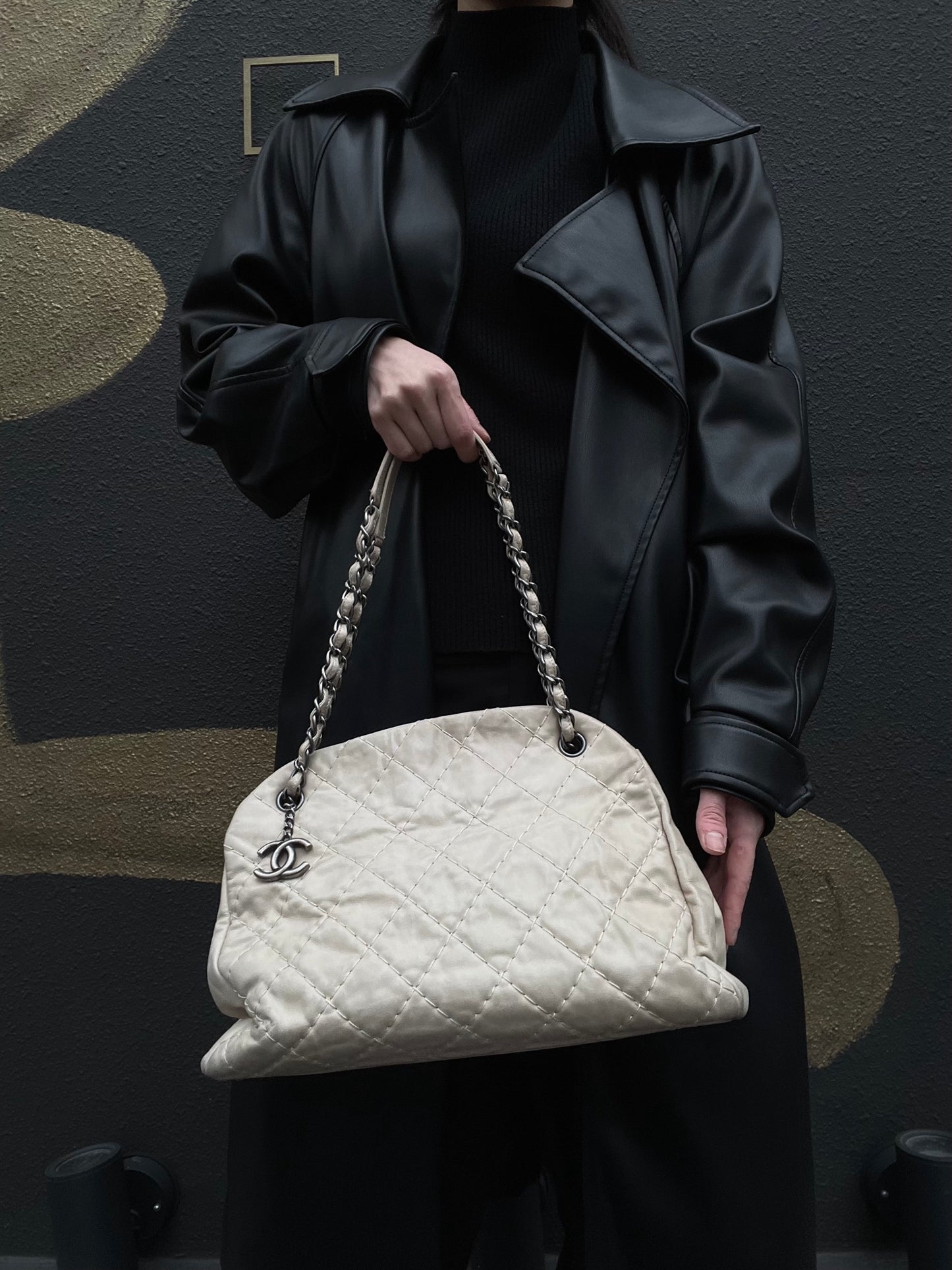 CHANEL Lambskin Shoulder Bag with Chain, Beige, Silver Hardware (Bowling Bag Style, Calfskin, 14K Hardware)