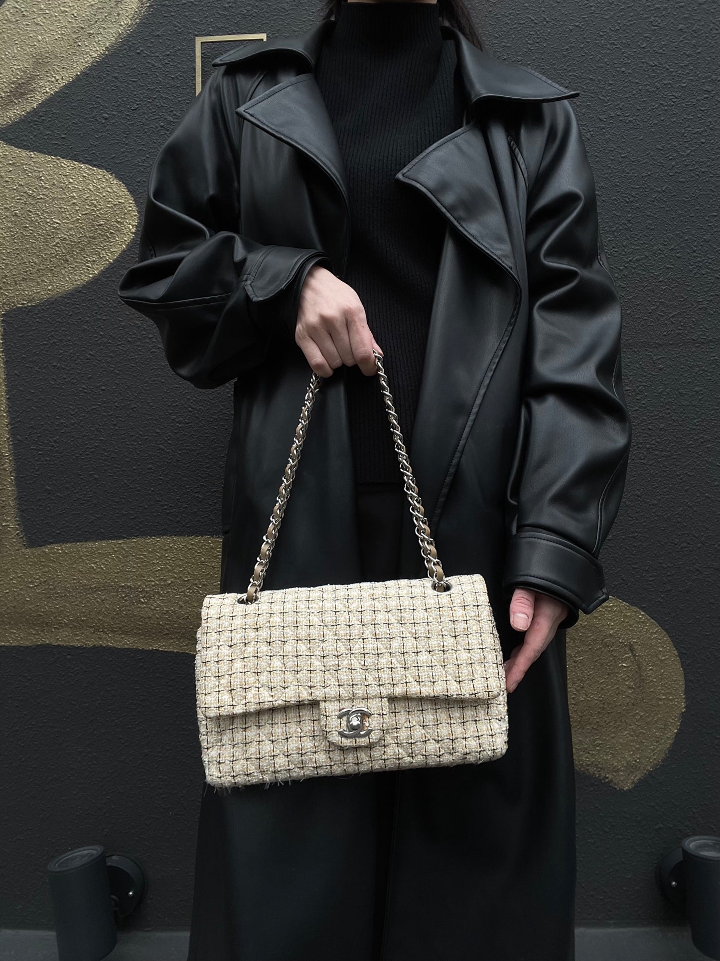 CHANEL Beige Cotton Tweed Classic Flap Bag