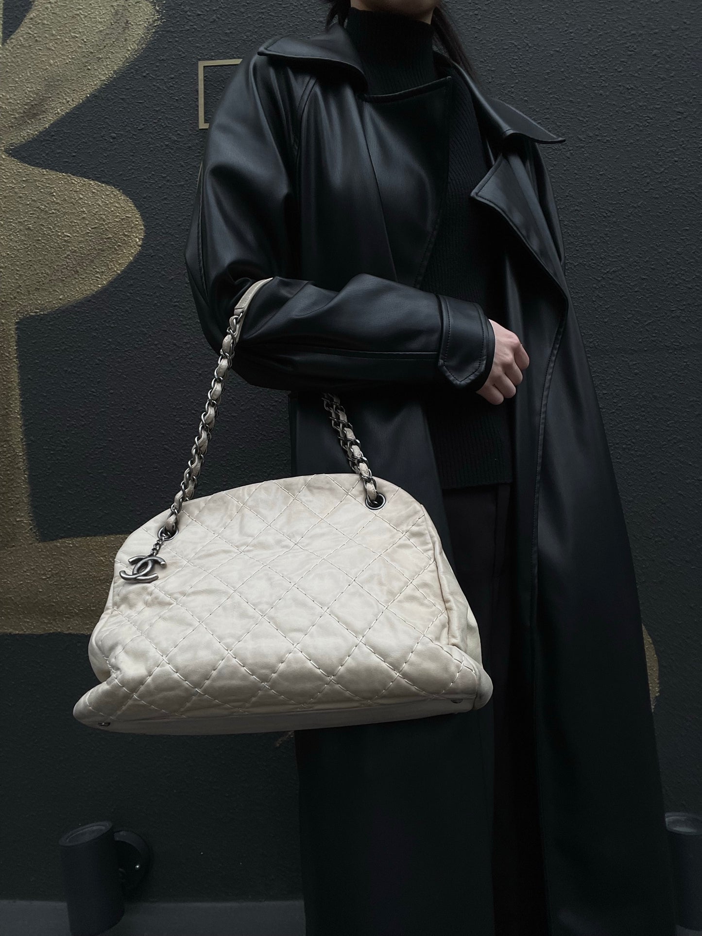 CHANEL Lambskin Shoulder Bag with Chain, Beige, Silver Hardware (Bowling Bag Style, Calfskin, 14K Hardware)