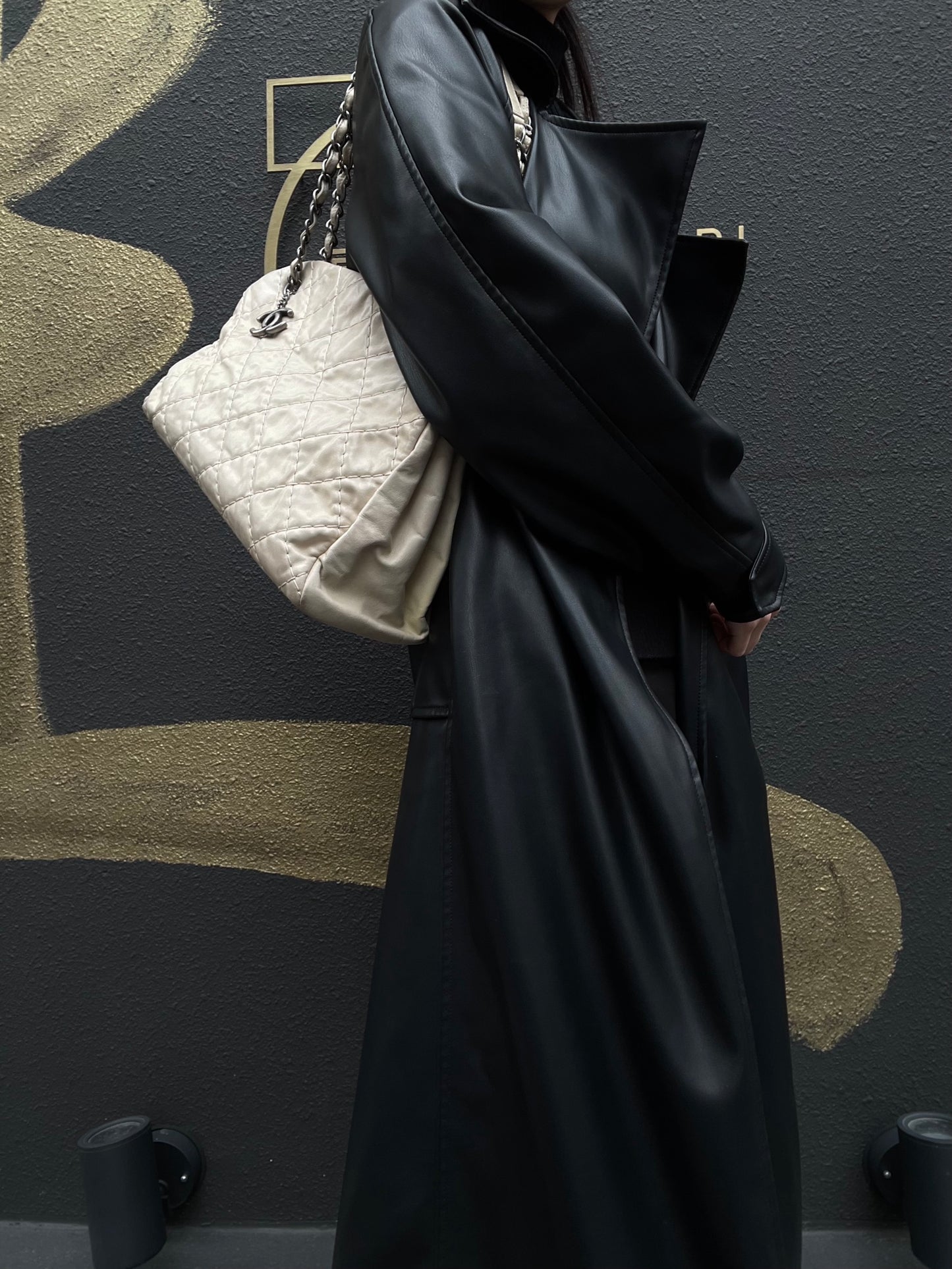 CHANEL Lambskin Shoulder Bag with Chain, Beige, Silver Hardware (Bowling Bag Style, Calfskin, 14K Hardware)