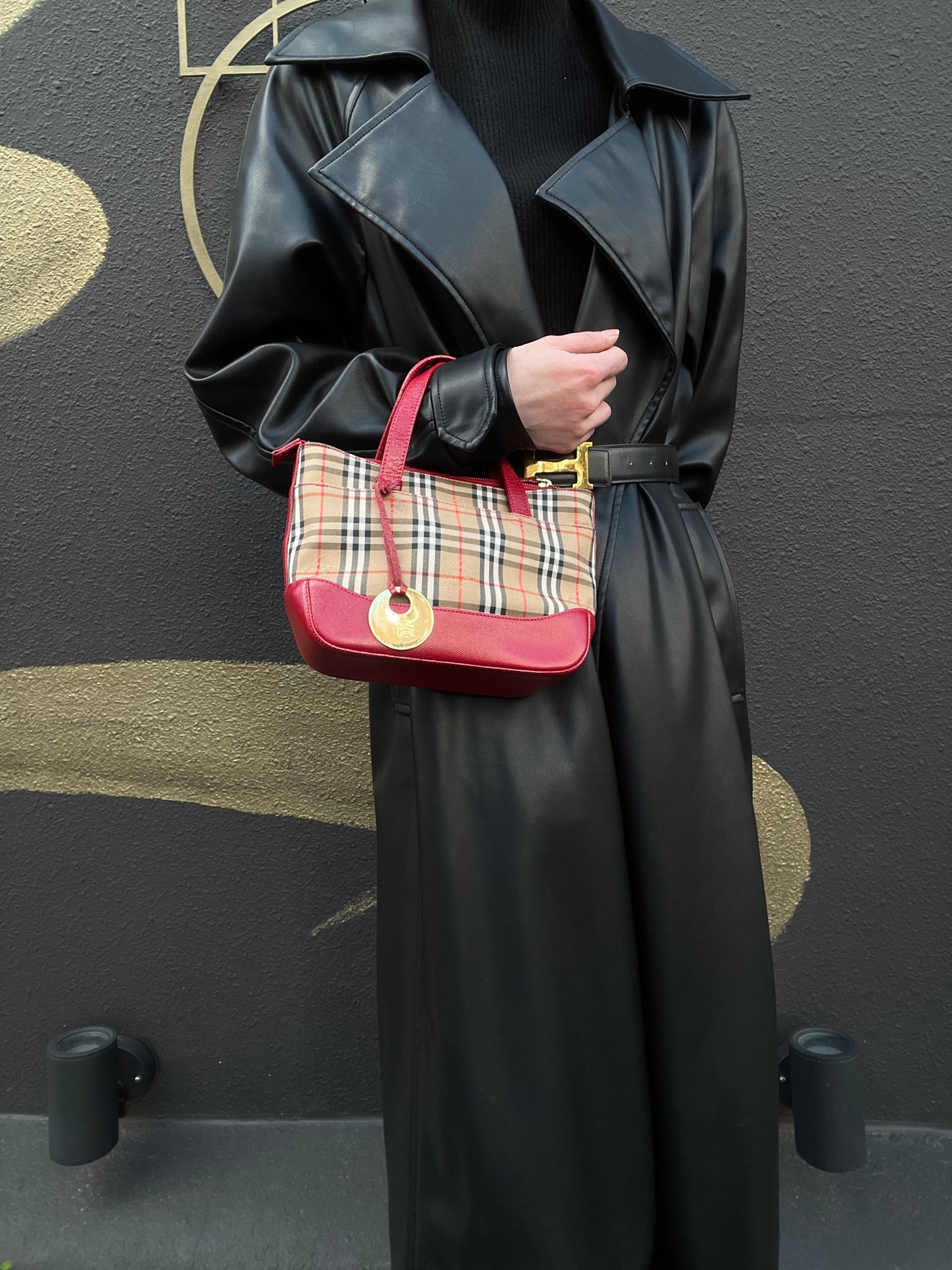 BURBERRY Handbag Nova Check Red Gold Hardware