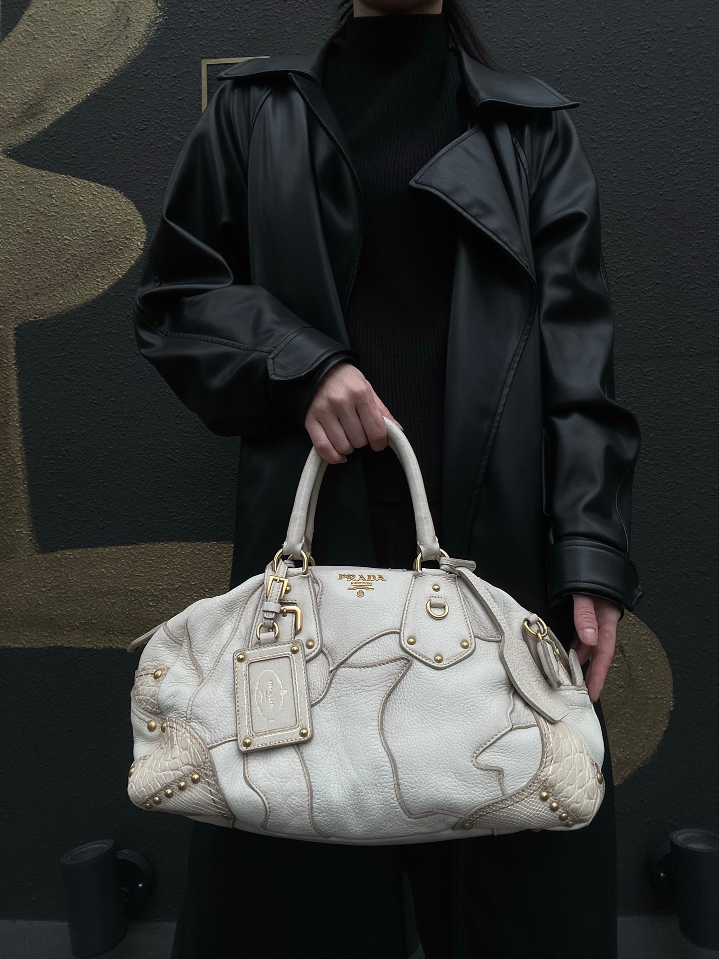 PRADA Cervo Patchwork Fringe Bowling Bag Handbag Deer Leather White Gold Hardware