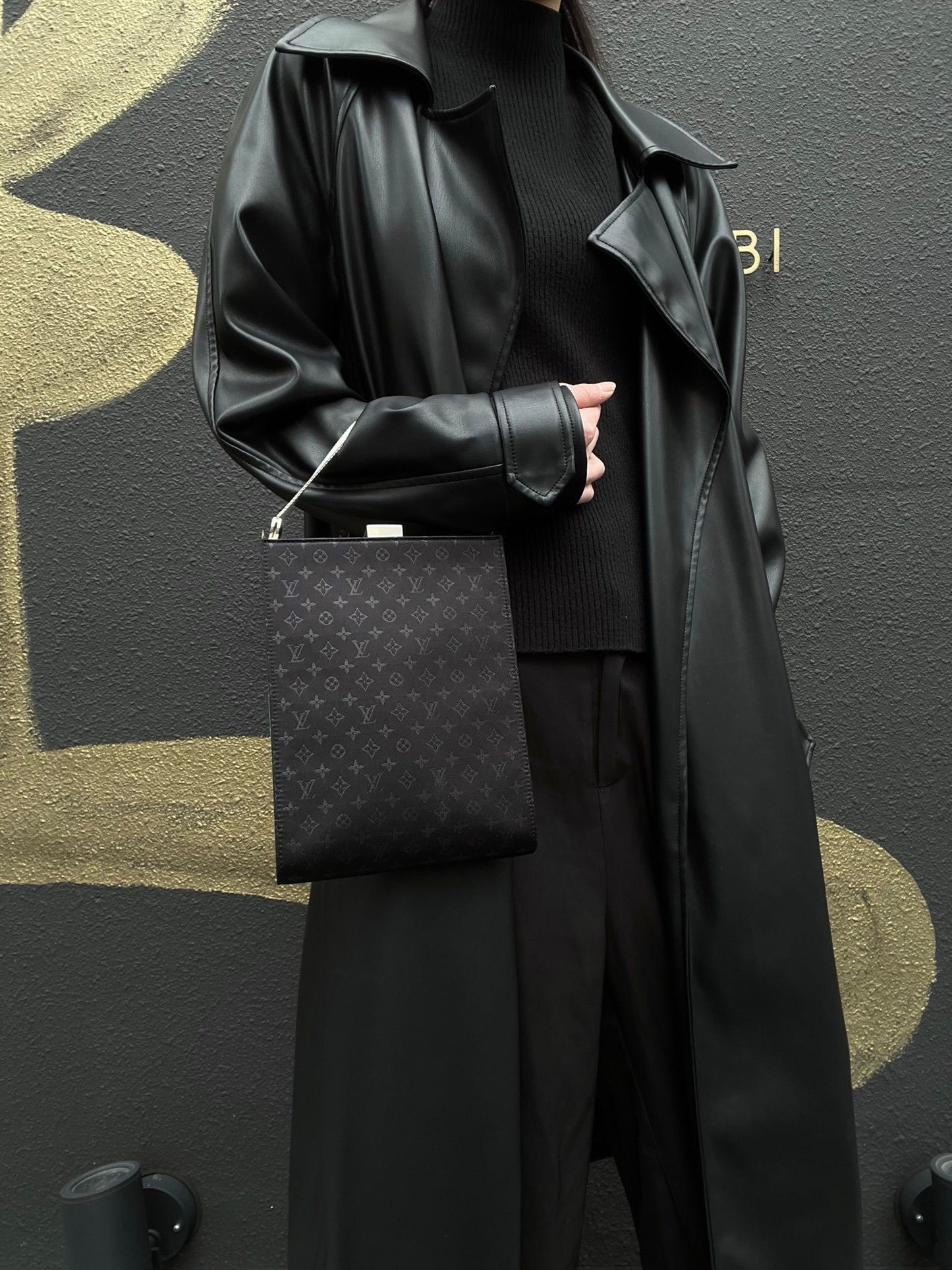 LOUIS VUITTON Ange GM Monogram Satin Handbag, Black, Silver Hardware