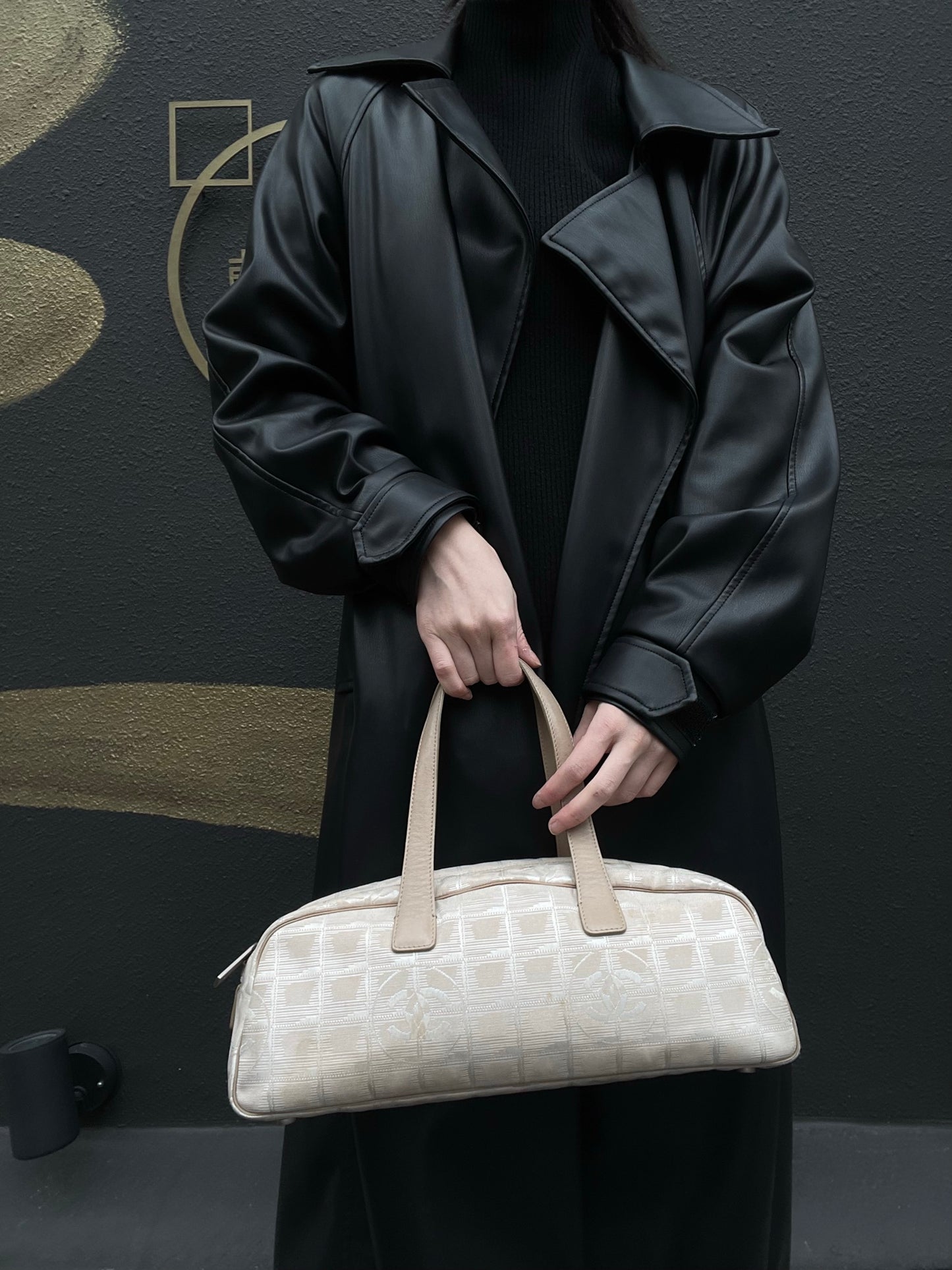 Chanel New Travel Boston Bag | Nude Pink Canvas Ice Cube Quilted Bowling Handbag, w/Guarantee Card