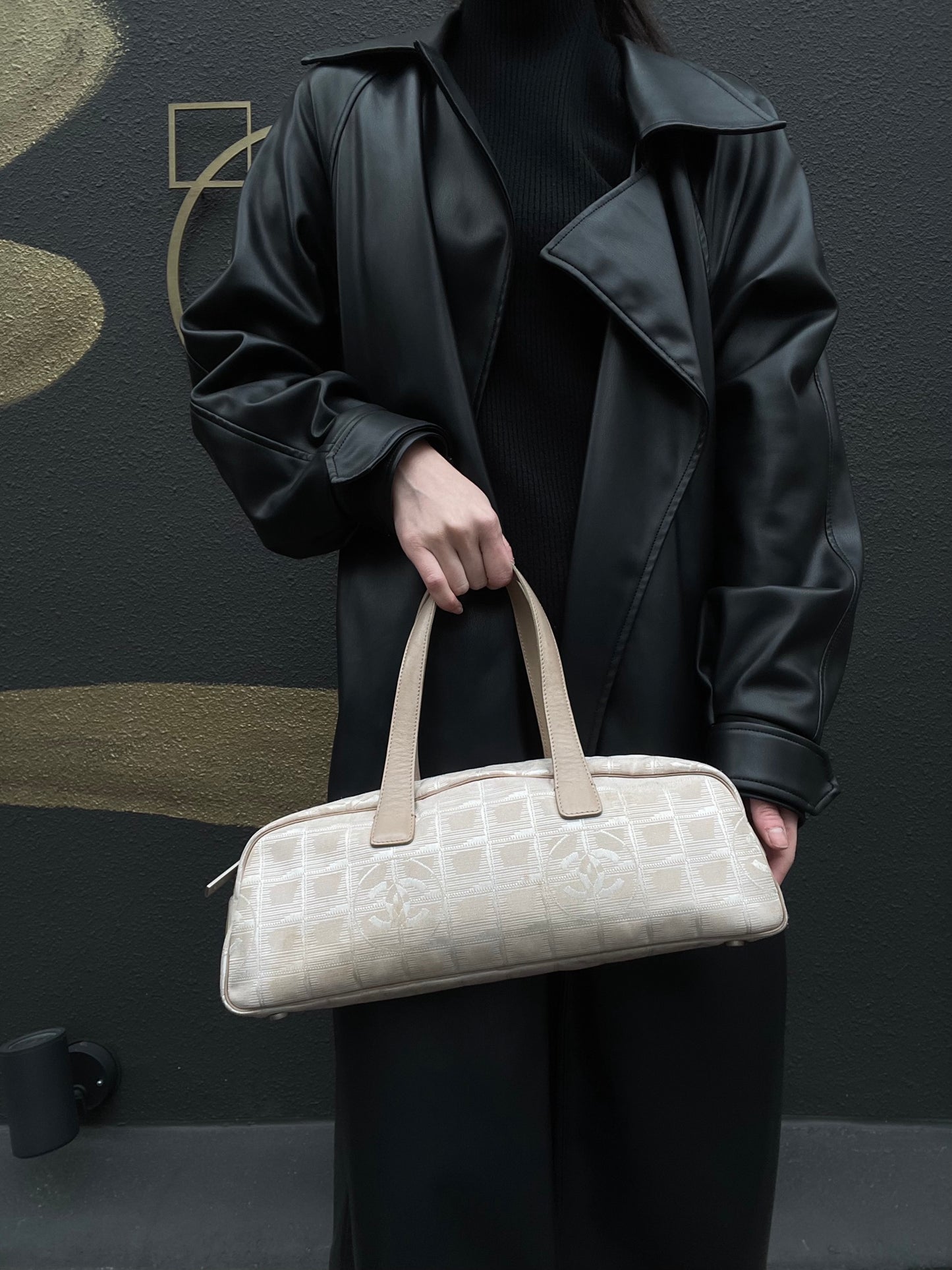 Chanel New Travel Boston Bag | Nude Pink Canvas Ice Cube Quilted Bowling Handbag, w/Guarantee Card