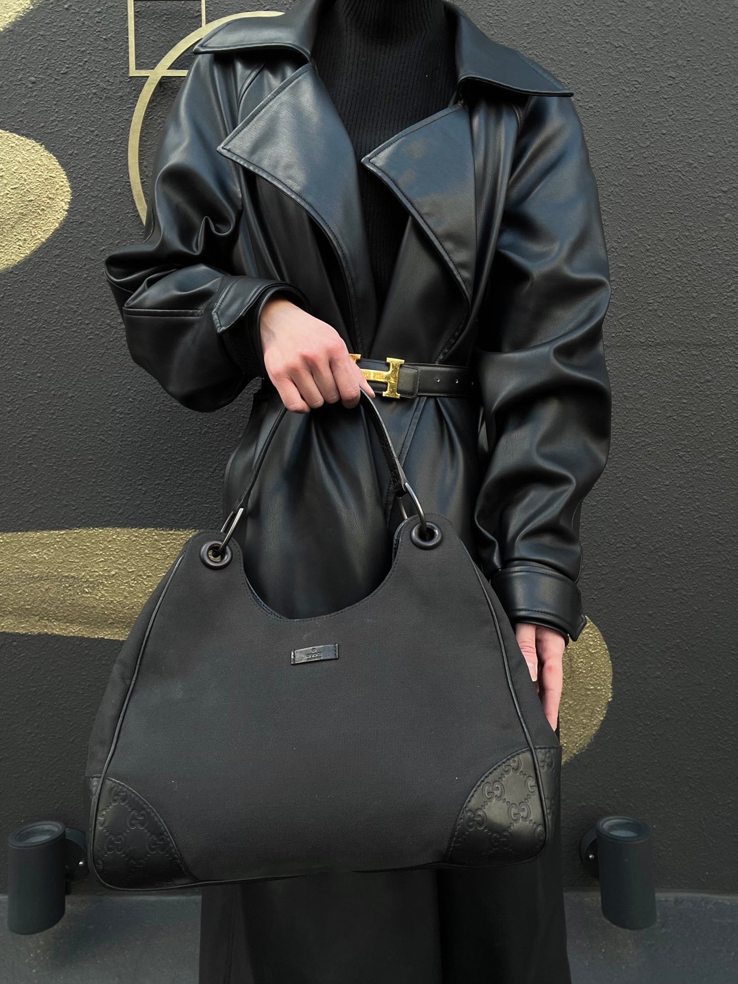 GUCCI GG Canvas Handbag, Black, Silver Hardware, Black Canvas Shoulder Bag