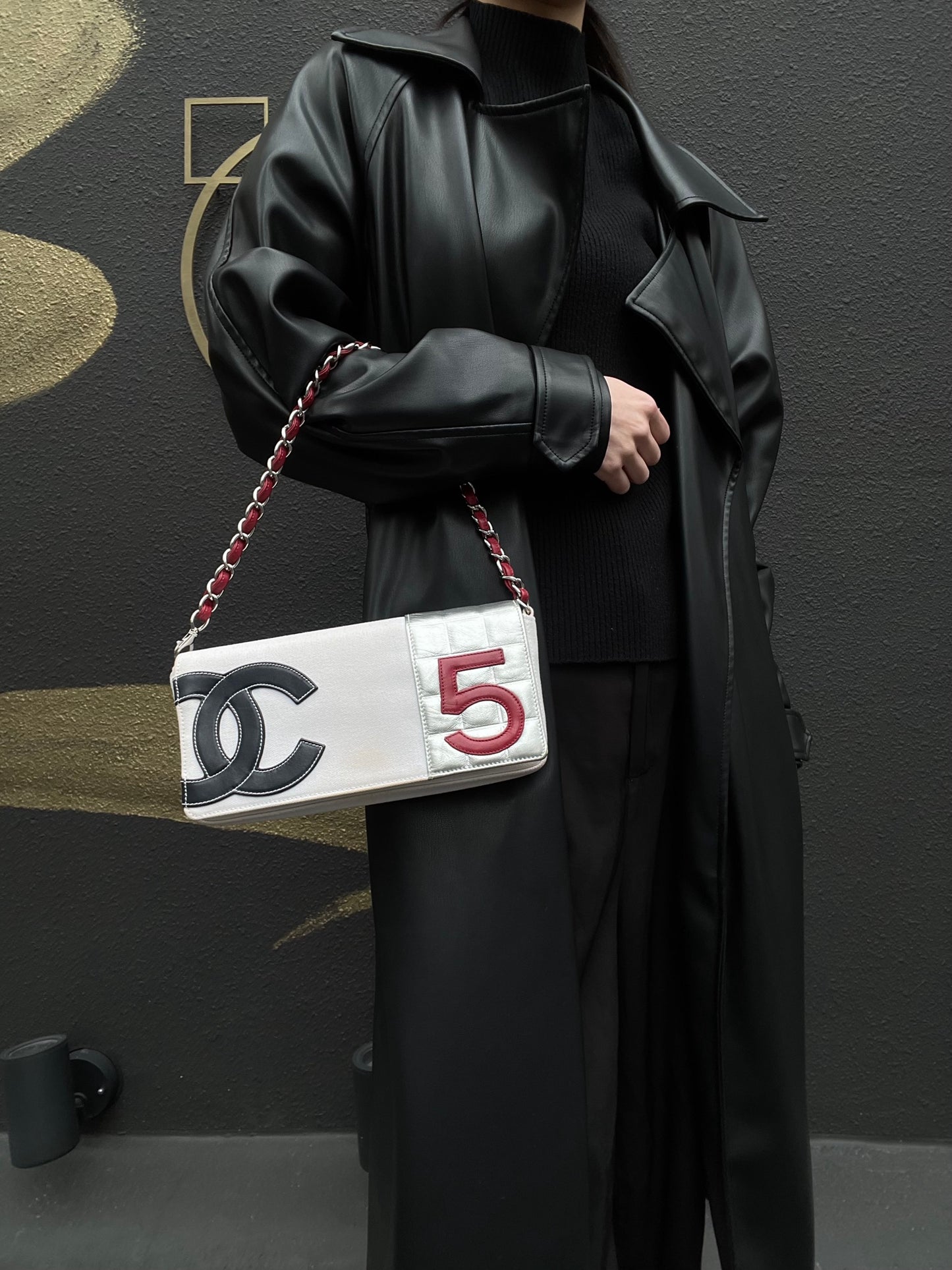 CHANEL Coco Mark No.5 Chain Shoulder Bag Canvas White With Guarantee Card CHANEL White Canvas Crossbody Bag