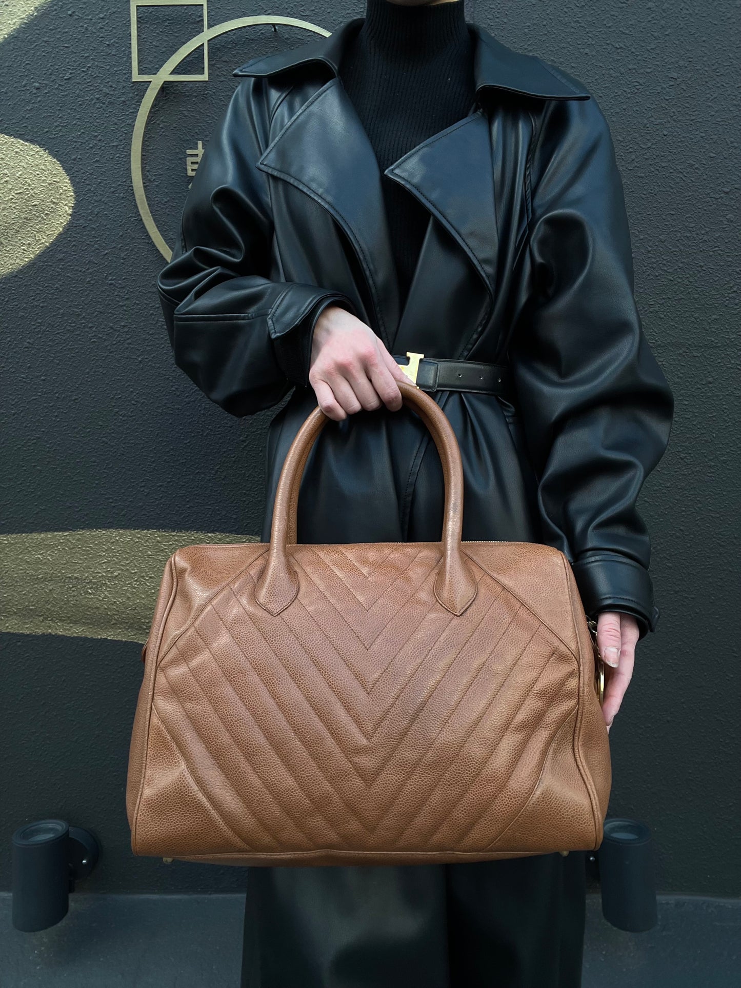 CHANEL Chevron V‑stitch handbag Boston bag calfskin brown
