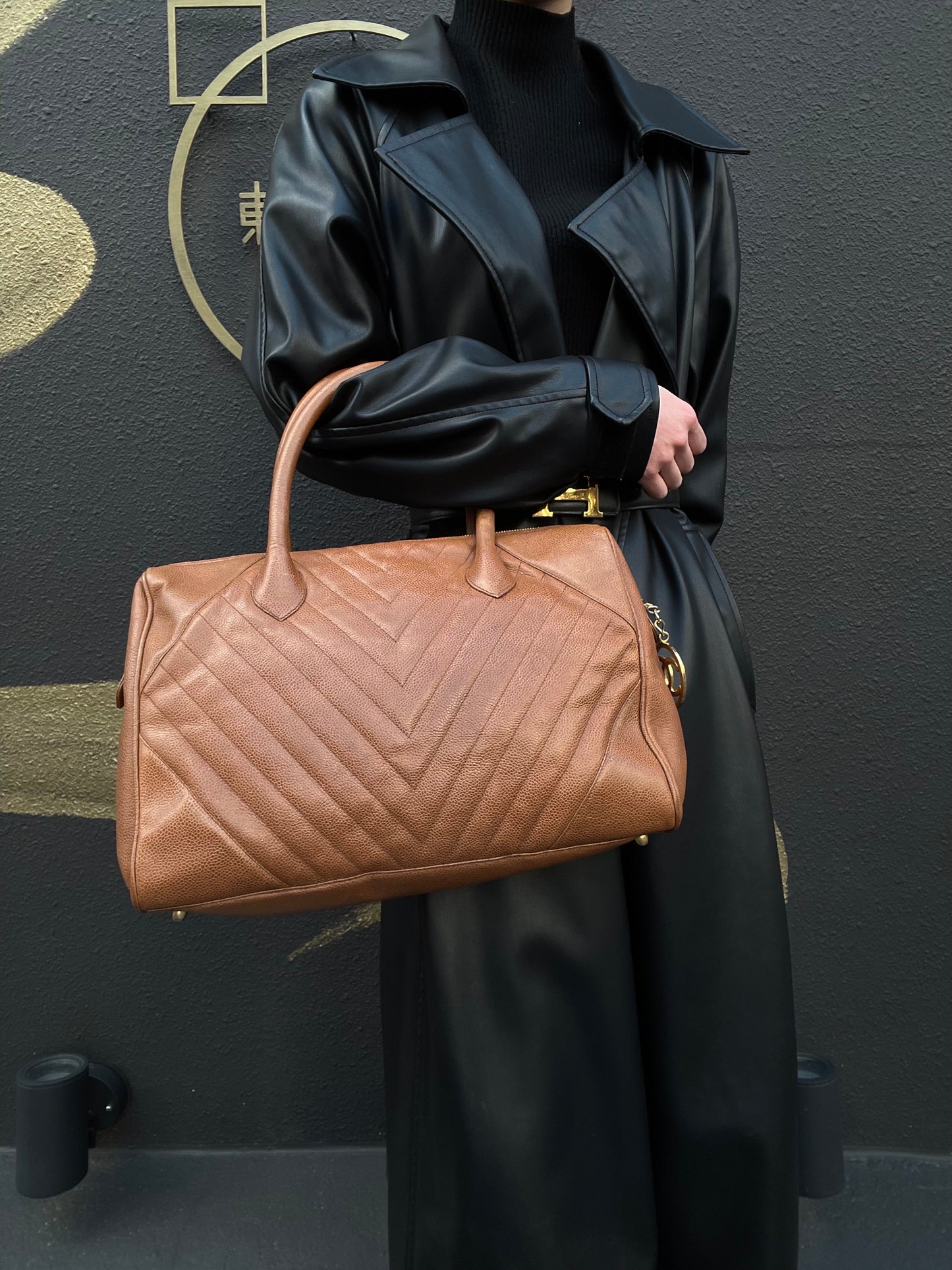 CHANEL Chevron V‑stitch handbag Boston bag calfskin brown