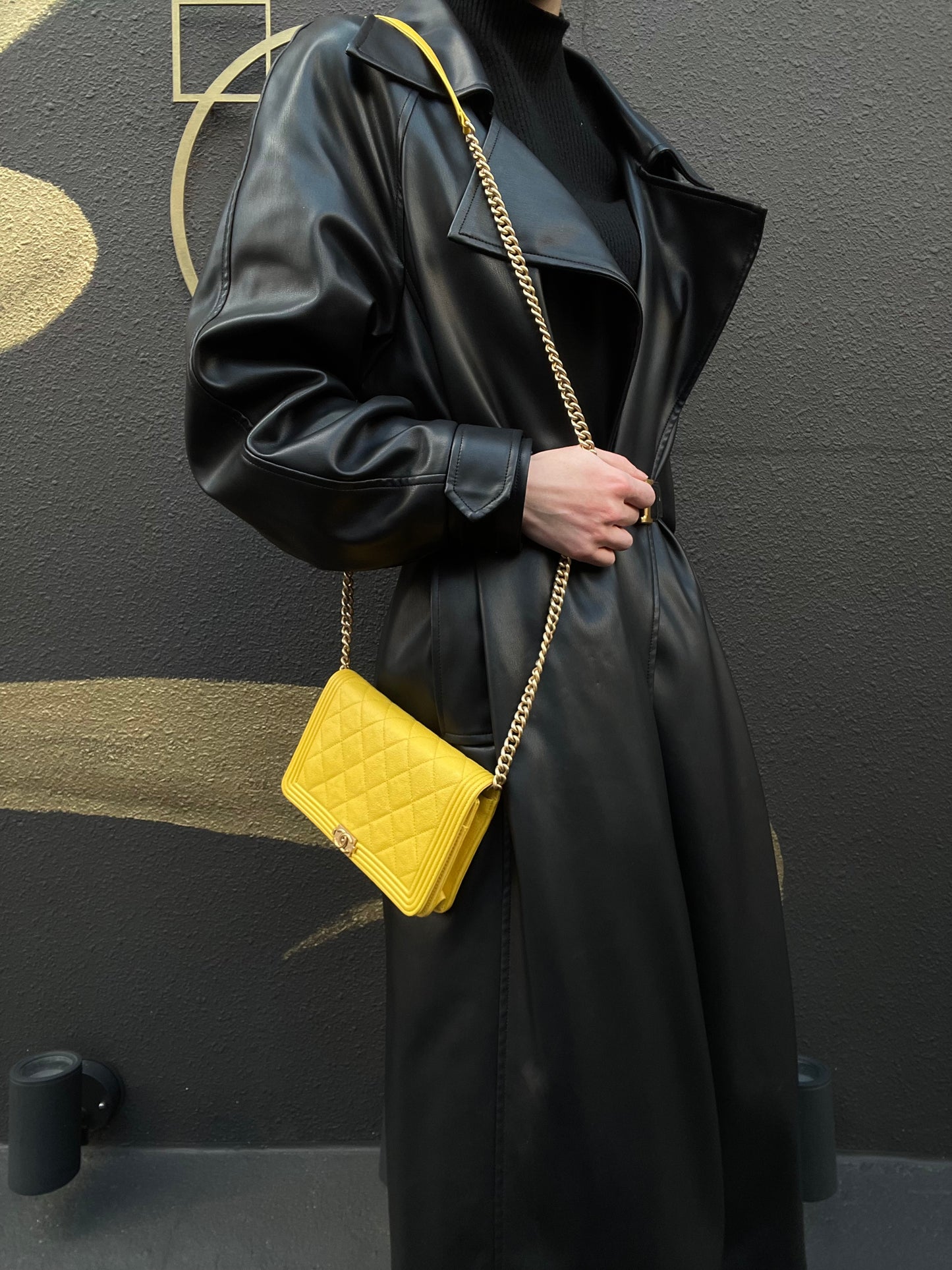 CHANEL Boy Matelasse WOC Shoulder Bag, Yellow Caviar Leather, Gold-tone Hardware
