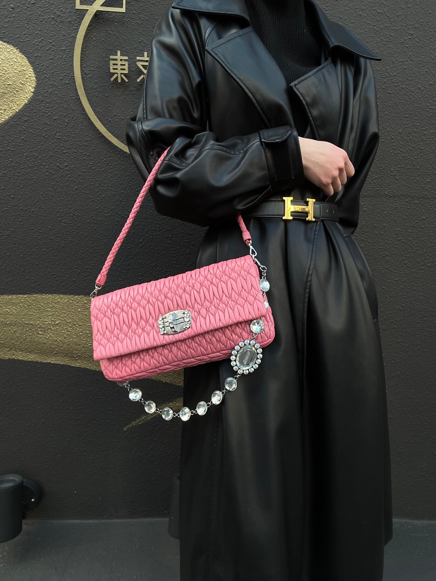 MIUMIU Coffer Matelasse Nappa Crystal Chain Shoulder Bag Clutch Pink Leather Silver Hardware