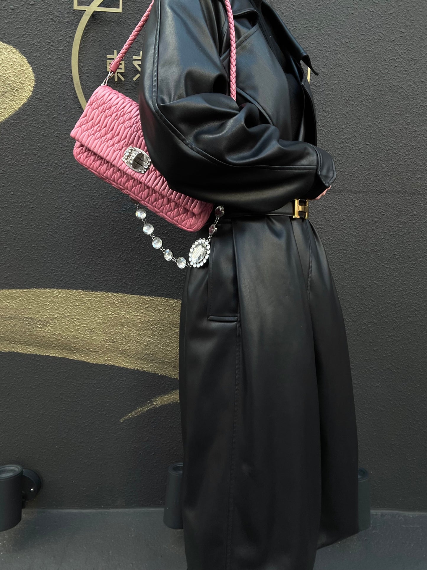 MIUMIU Coffer Matelasse Nappa Crystal Chain Shoulder Bag Clutch Pink Leather Silver Hardware