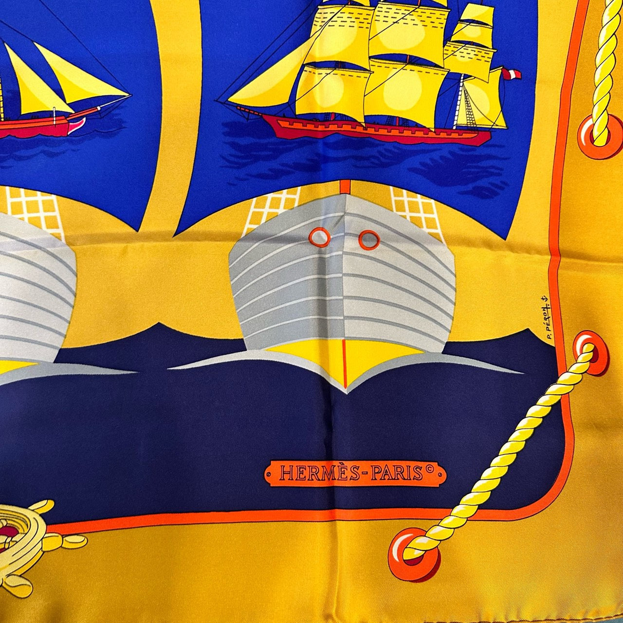 HERMES Carre 90 scarf, gold/blue tones, with tag