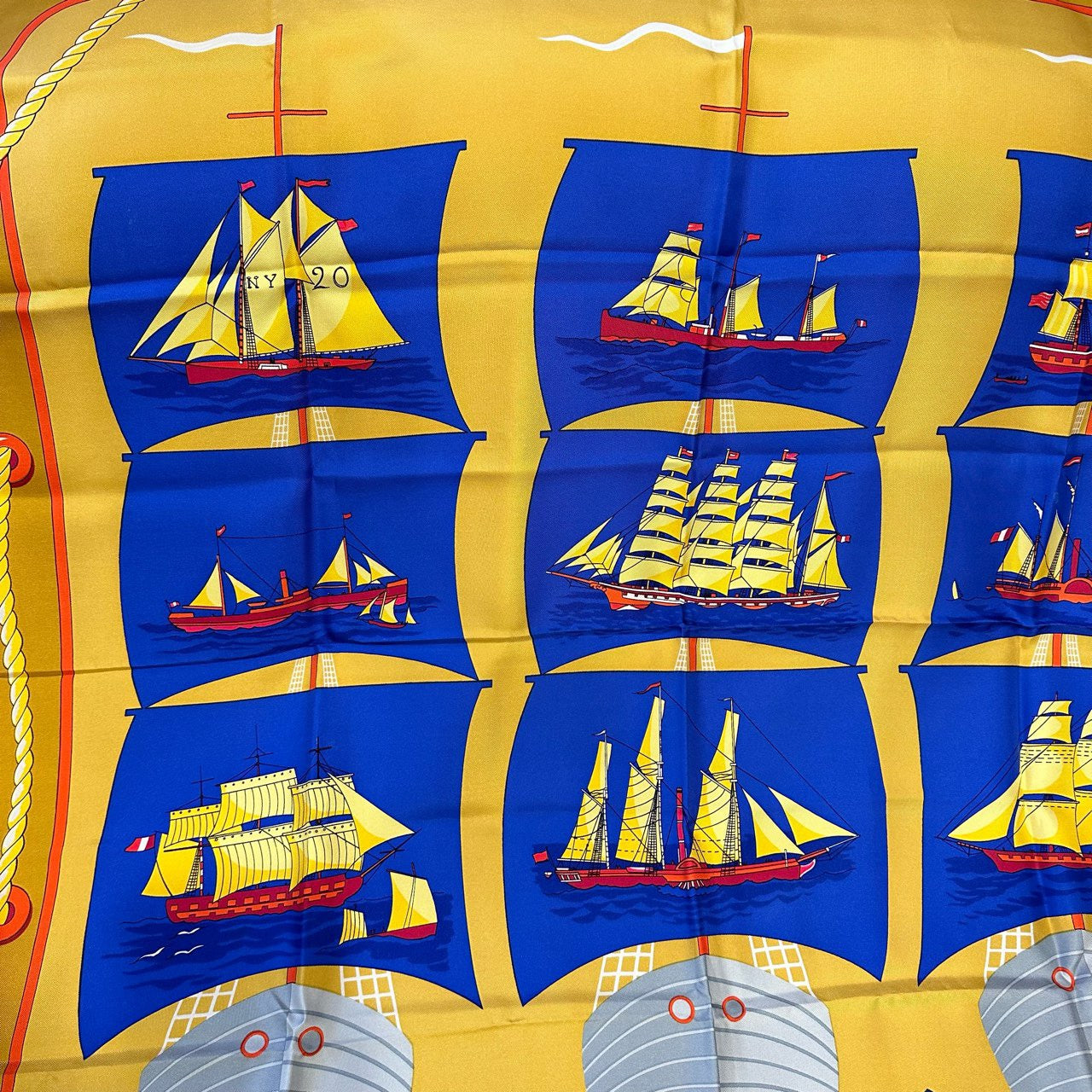 HERMES Carre 90 scarf, gold/blue tones, with tag