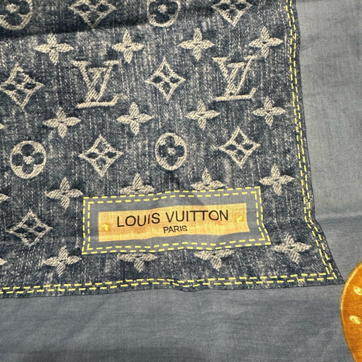 Louis Vuitton scarf, denim design, 55cm square, with tag
