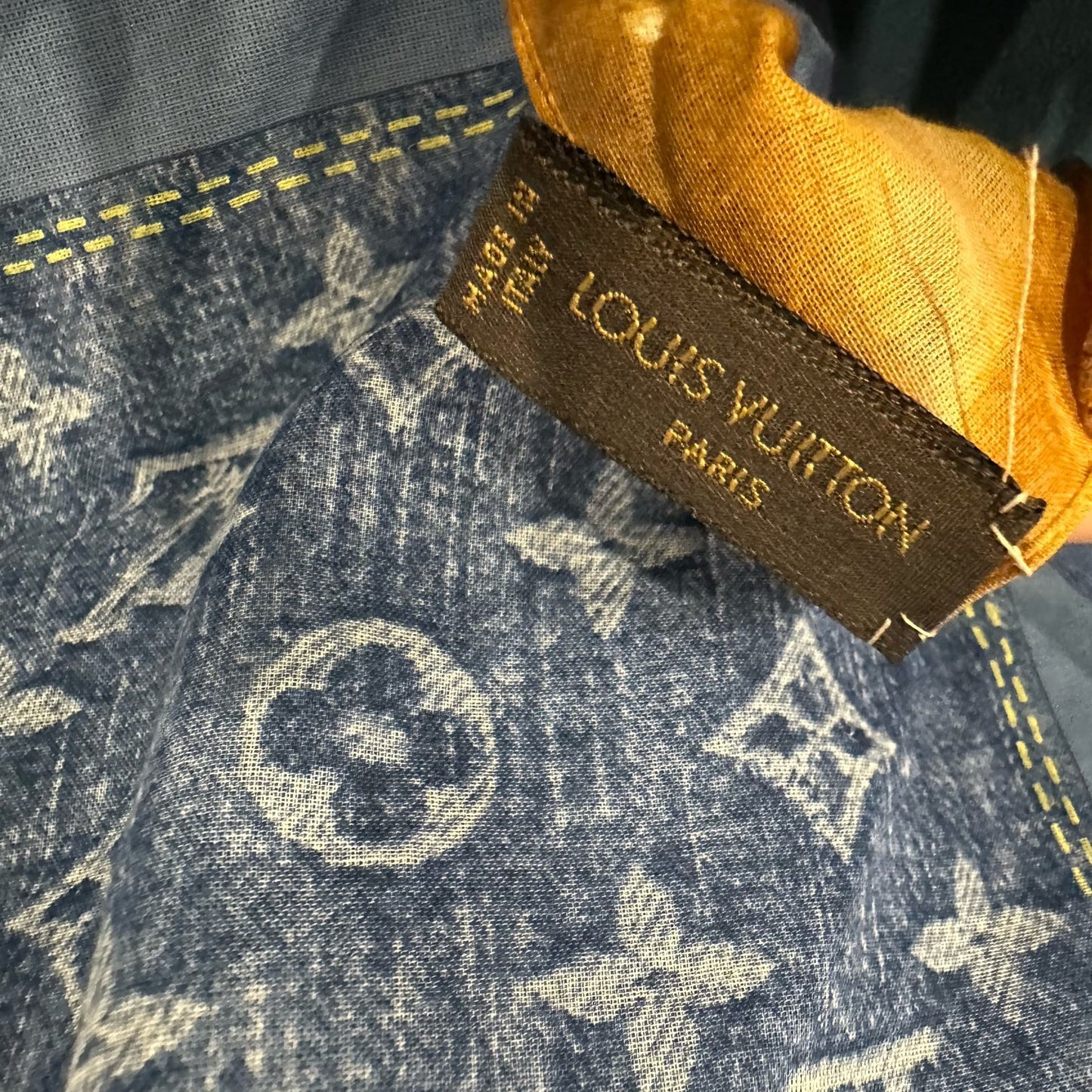Louis Vuitton scarf, denim design, 55cm square, with tag