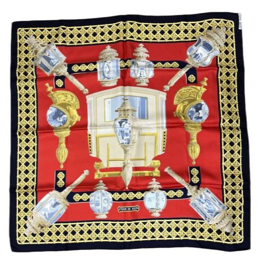 HERMES scarf, red and navy tones, with tag and box, lighting design