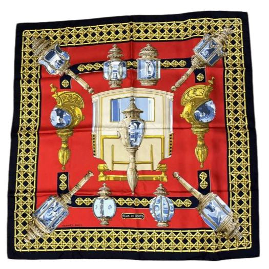HERMES scarf, red and navy tones, with tag and box, lighting design