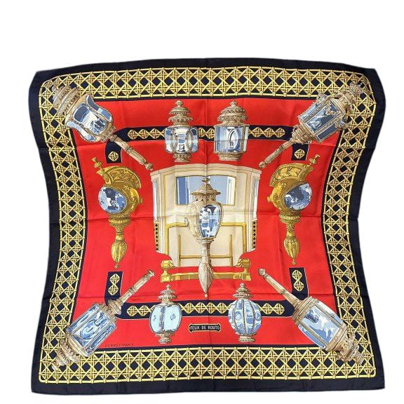 HERMES scarf, red and navy tones, with tag and box, lighting design
