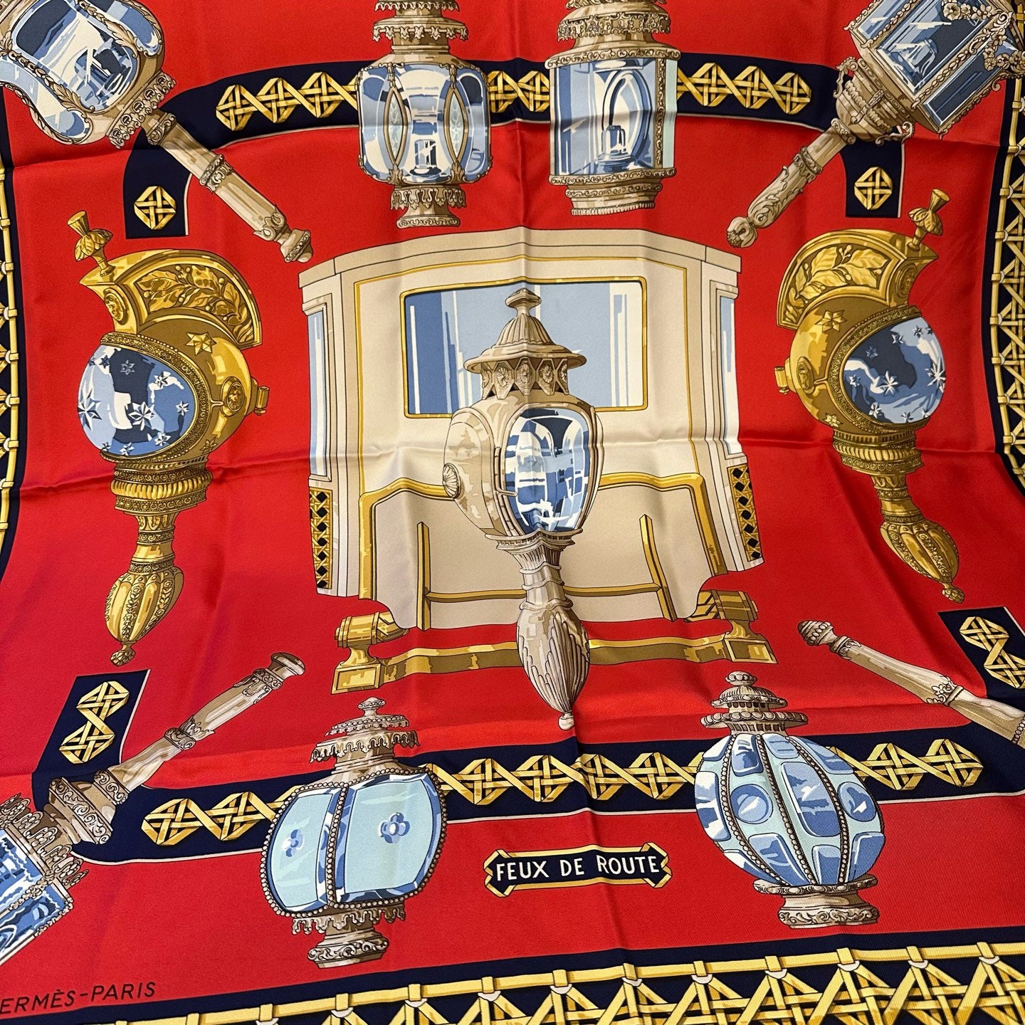 HERMES scarf, red and navy tones, with tag and box, lighting design